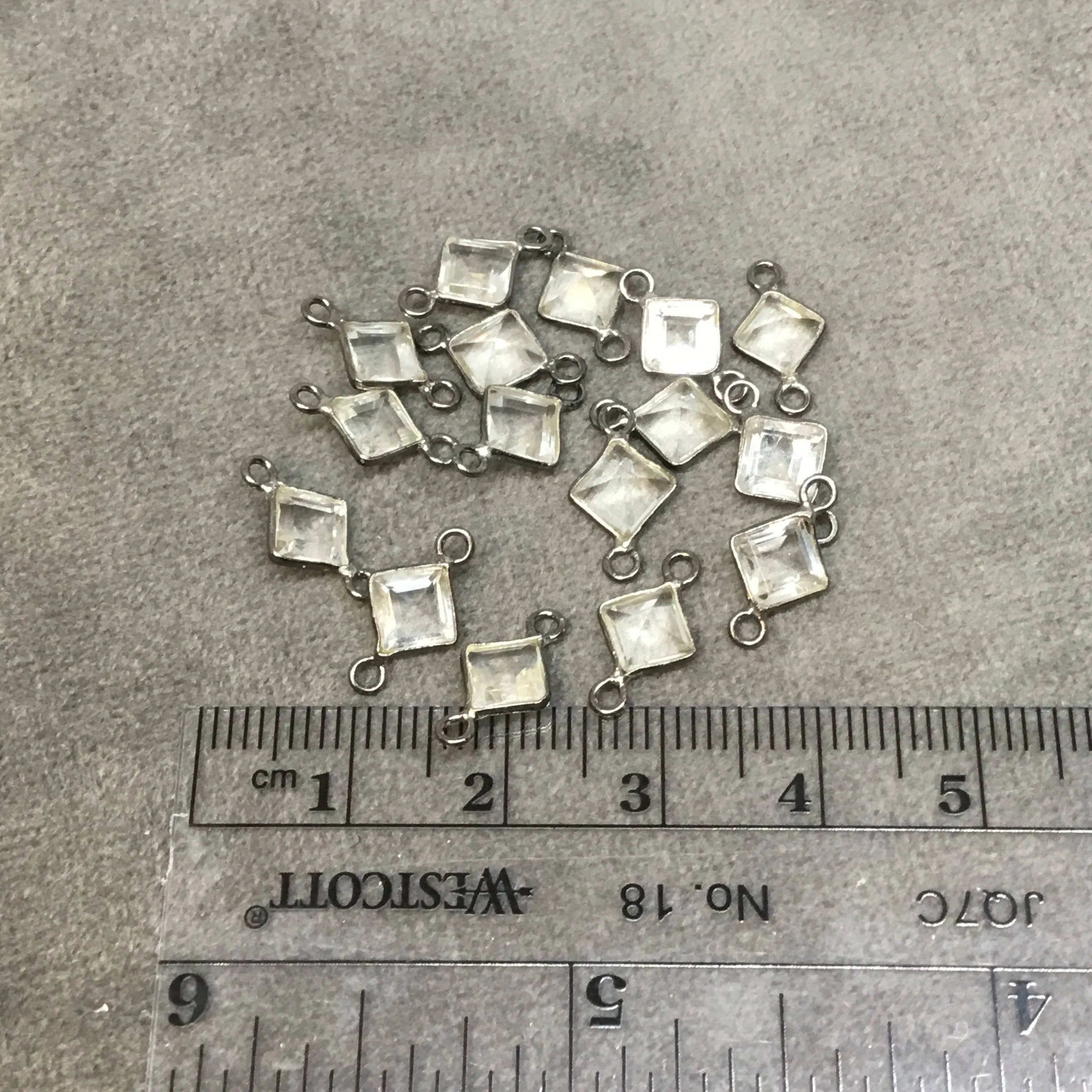 BULK PACK of Six (6) Gunmetal Sterling Silver Pointed/Cut Stone Faceted Diamond Shaped Clear Quartz Bezel Connectors - Measuring 5mm x 5mm