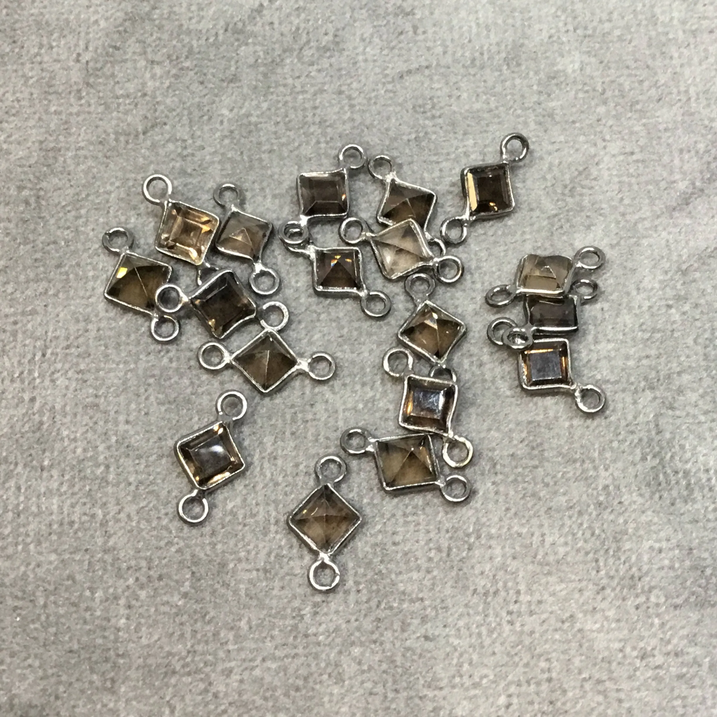 BULK PACK of Six (6) Gunmetal Sterling Silver Pointed/Cut Stone Faceted Diamond Shaped Smoky Quartz Bezel Connectors - Measuring 4mm x 4mm