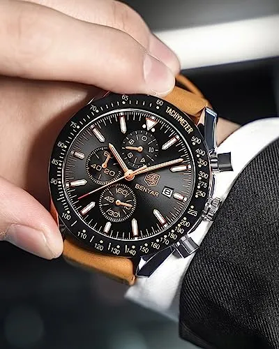 BY BENYAR Mens Watches Analog Quartz Chronograph Waterproof Luminous Men's Wrist Watches Business Work Sport Casual Fashion Brown Leather Band Dress Watch Elegant Gifts for Men Father's Day
