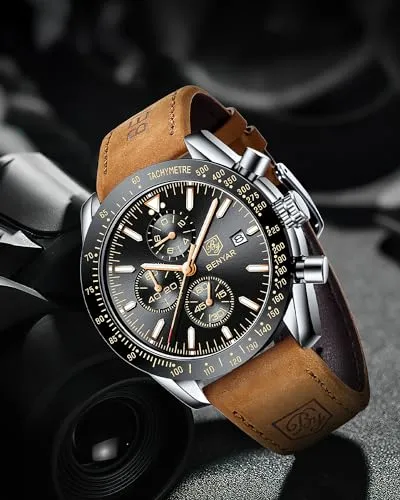 BY BENYAR Mens Watches Analog Quartz Chronograph Waterproof Luminous Men's Wrist Watches Business Work Sport Casual Fashion Brown Leather Band Dress Watch Elegant Gifts for Men Father's Day