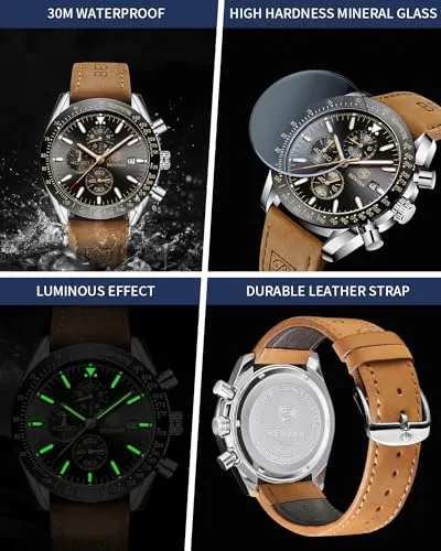 BY BENYAR Mens Watches Analog Quartz Chronograph Waterproof Luminous Men's Wrist Watches Business Work Sport Casual Fashion Brown Leather Band Dress Watch Elegant Gifts for Men Father's Day