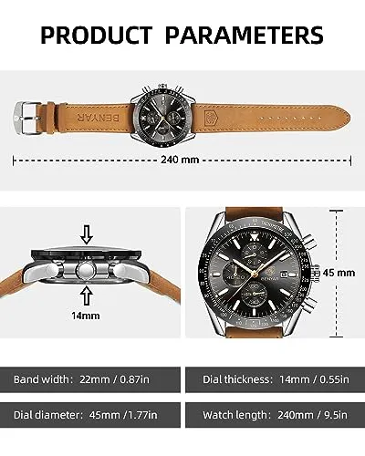 BY BENYAR Mens Watches Analog Quartz Chronograph Waterproof Luminous Men's Wrist Watches Business Work Sport Casual Fashion Brown Leather Band Dress Watch Elegant Gifts for Men Father's Day