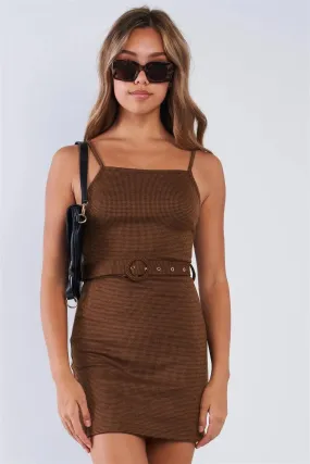 Coffee Houndstooth Print Retro Chic Cami Strap Mini Dress
