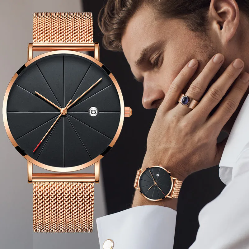 Complete Calendar Ultra Thin Men's Watch Stainless Steel Mesh Band Quartz Wrist Watches Men Clock Simple Design Fashion relogios