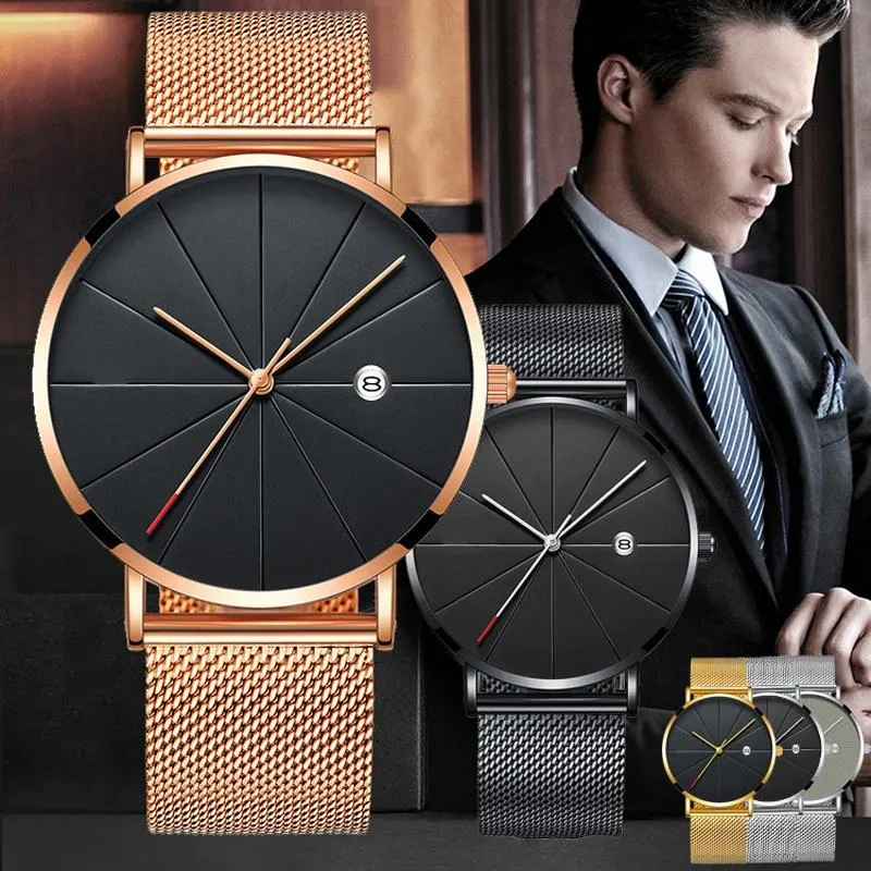 Complete Calendar Ultra Thin Men's Watch Stainless Steel Mesh Band Quartz Wrist Watches Men Clock Simple Design Fashion relogios