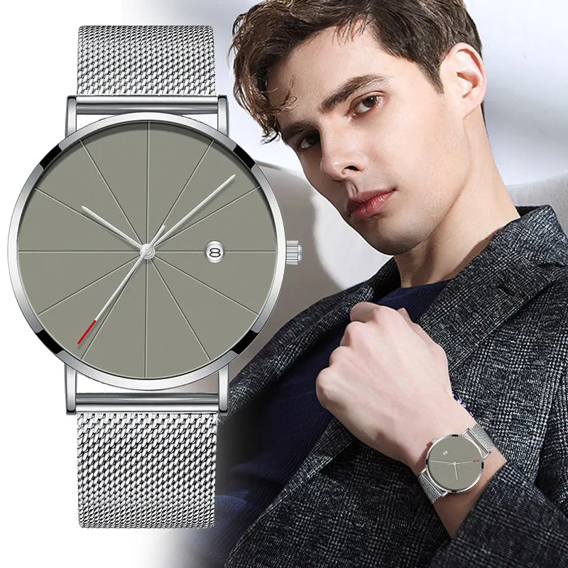 Complete Calendar Ultra Thin Men's Watch Stainless Steel Mesh Band Quartz Wrist Watches Men Clock Simple Design Fashion relogios