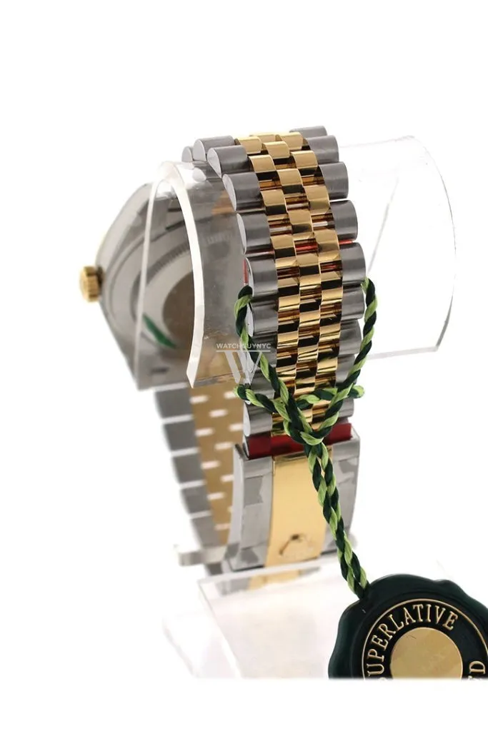 Custom Diamond Bezel Rolex Datejust 31 Black Mother of Pearl Diamonds Dial 18K Gold Jubilee Watch 178243 Pre-owned