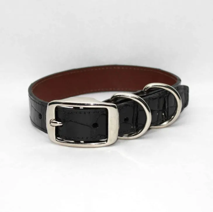 Dog Collar with Embossed Alligator leather- Black