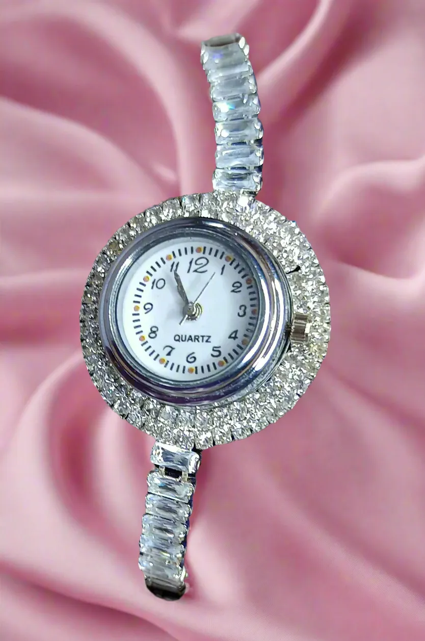 Elegant White metal Watch Bracelet with White stones