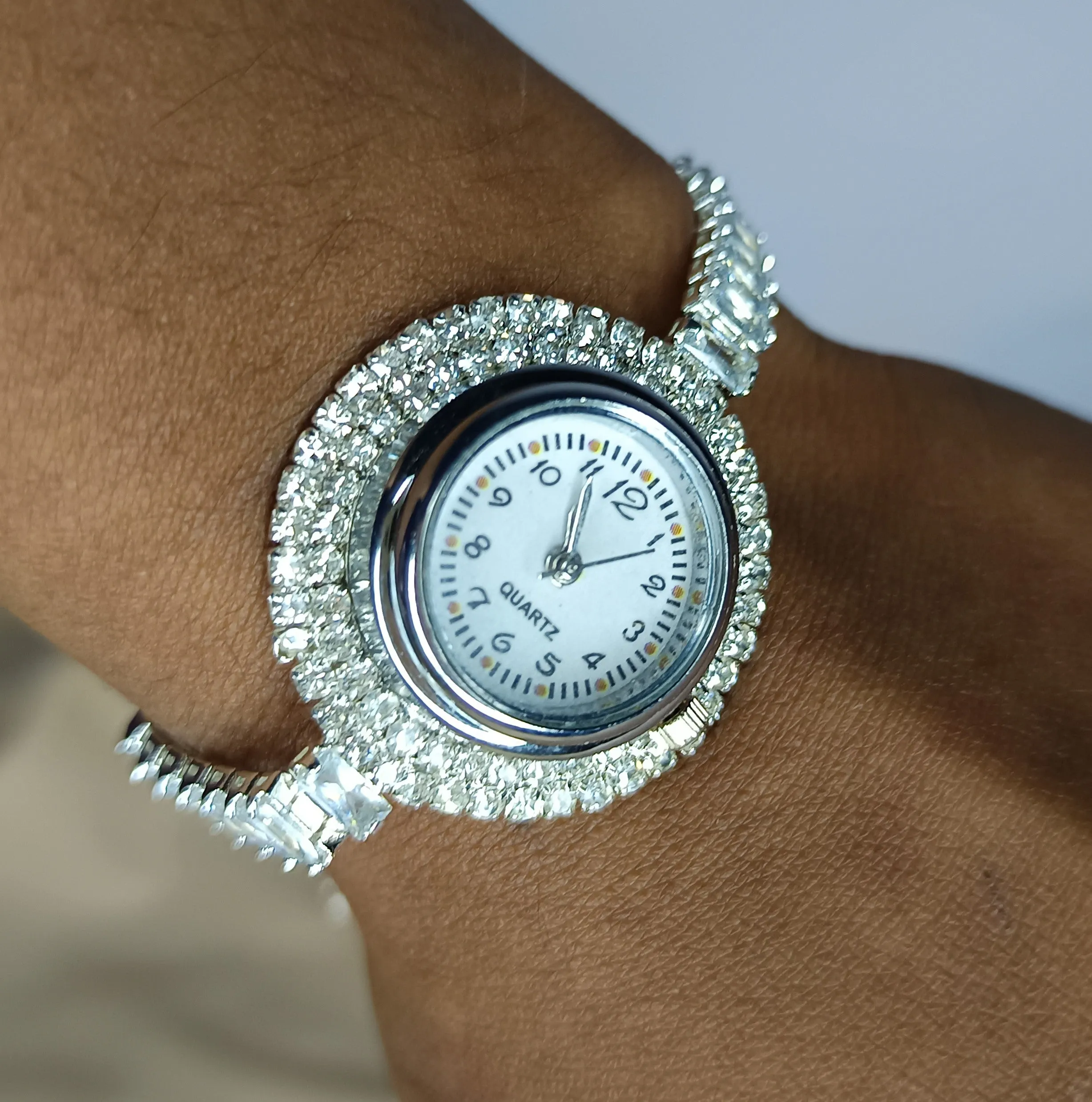 Elegant White metal Watch Bracelet with White stones