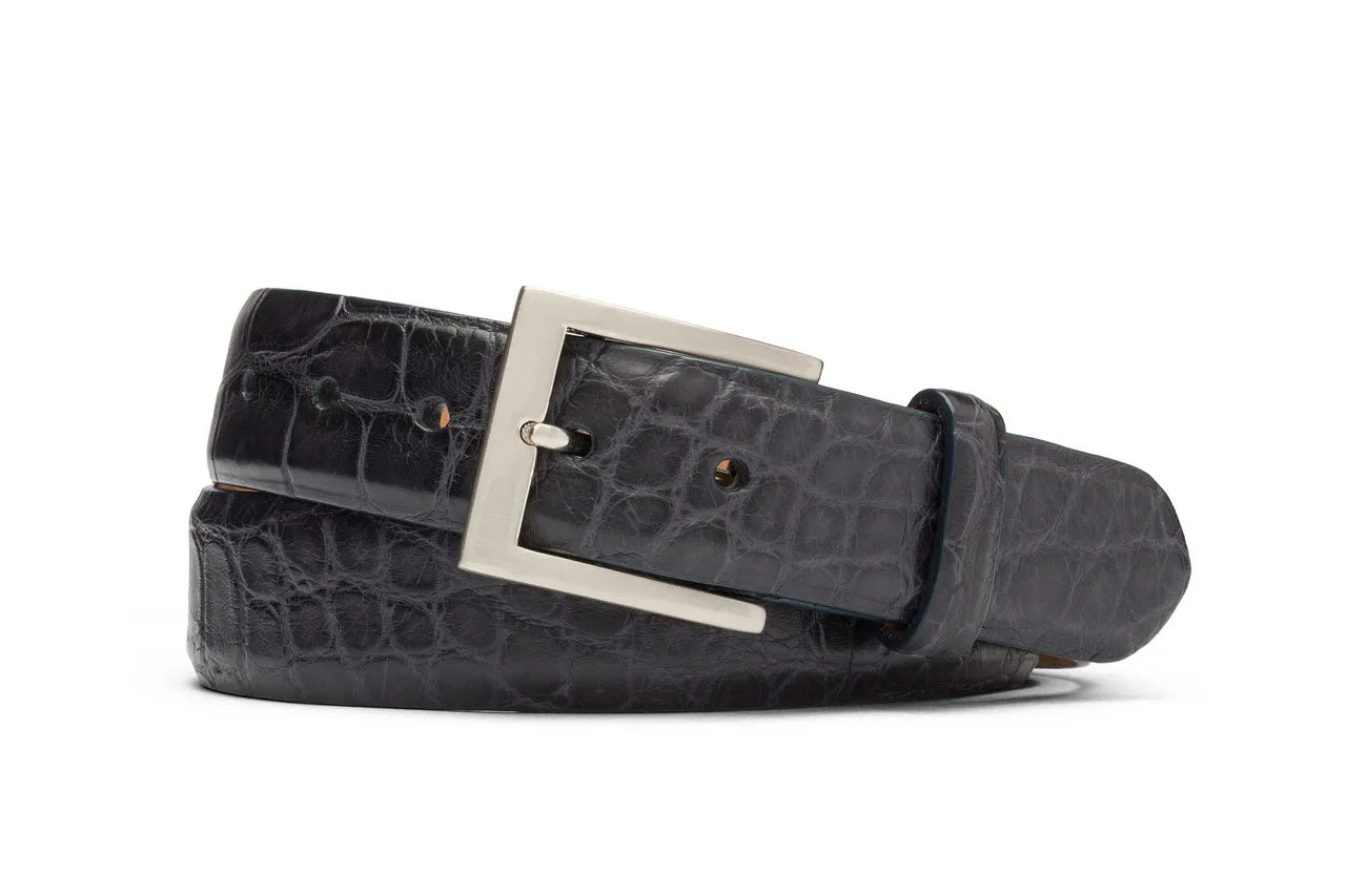 Extra-Long 1-1/8" Matte American Alligator Belt with Brushed Nickel and Gold Buckles