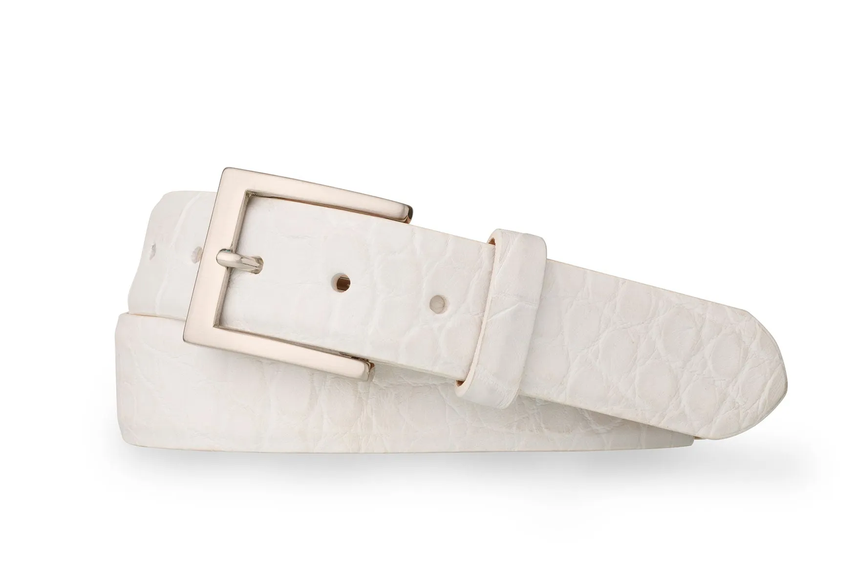 Extra-Long 1-1/8" Matte American Alligator Belt with Brushed Nickel and Gold Buckles