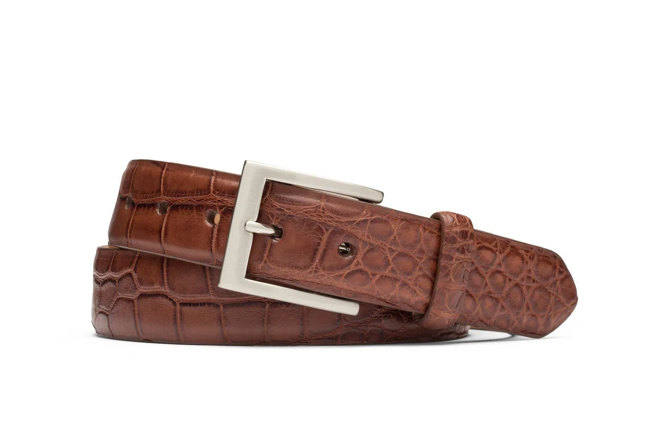 Extra-Long 1-1/8" Matte American Alligator Belt with Brushed Nickel and Gold Buckles