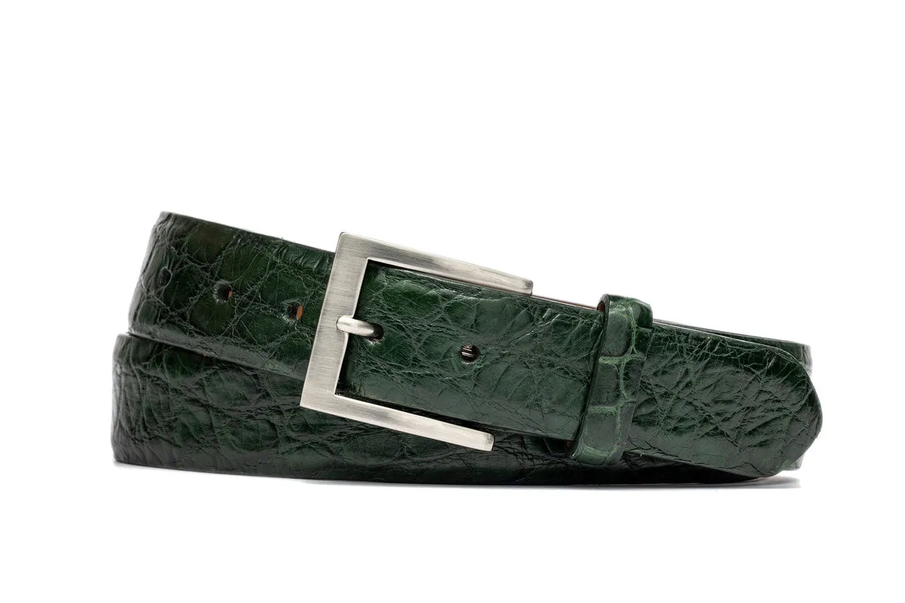 Extra-Long 1-1/8" Matte American Alligator Belt with Brushed Nickel and Gold Buckles
