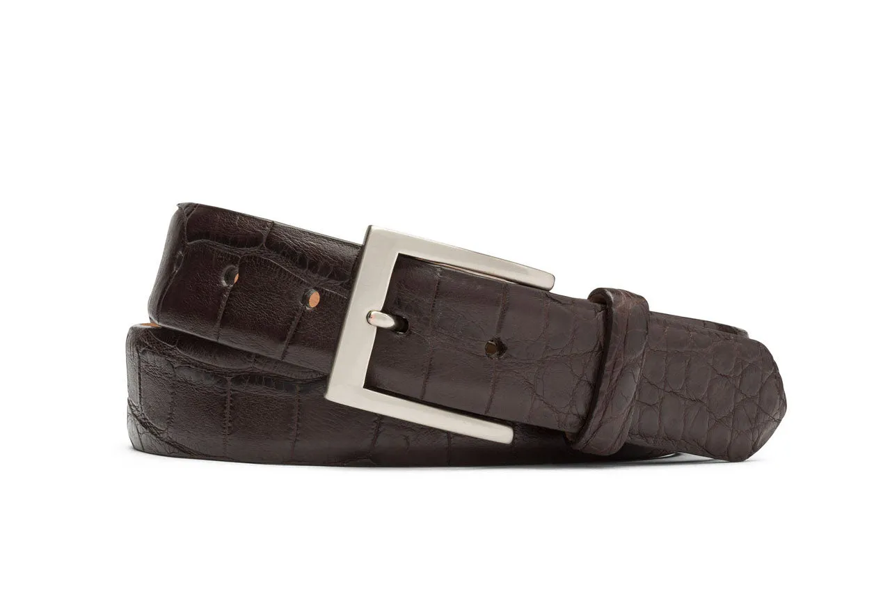 Extra-Long 1-1/8" Matte American Alligator Belt with Brushed Nickel and Gold Buckles
