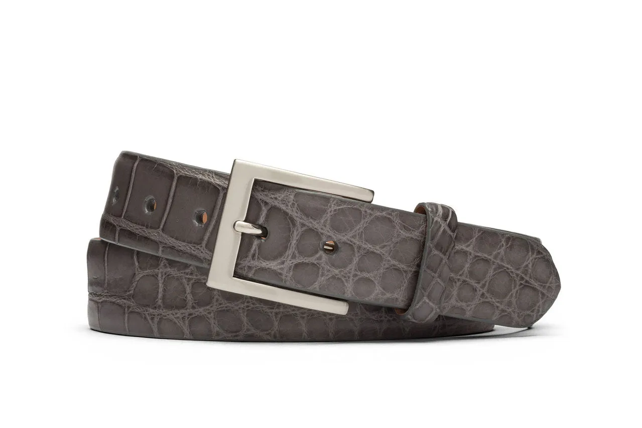 Extra-Long 1-1/8" Matte American Alligator Belt with Brushed Nickel and Gold Buckles