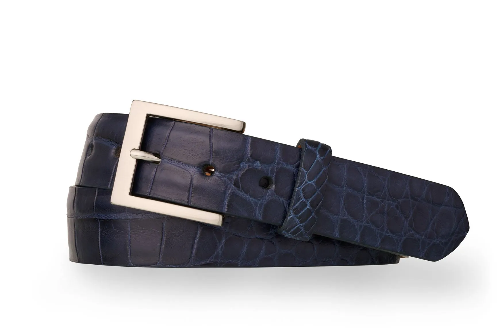 Extra-Long 1-1/8" Matte American Alligator Belt with Brushed Nickel and Gold Buckles