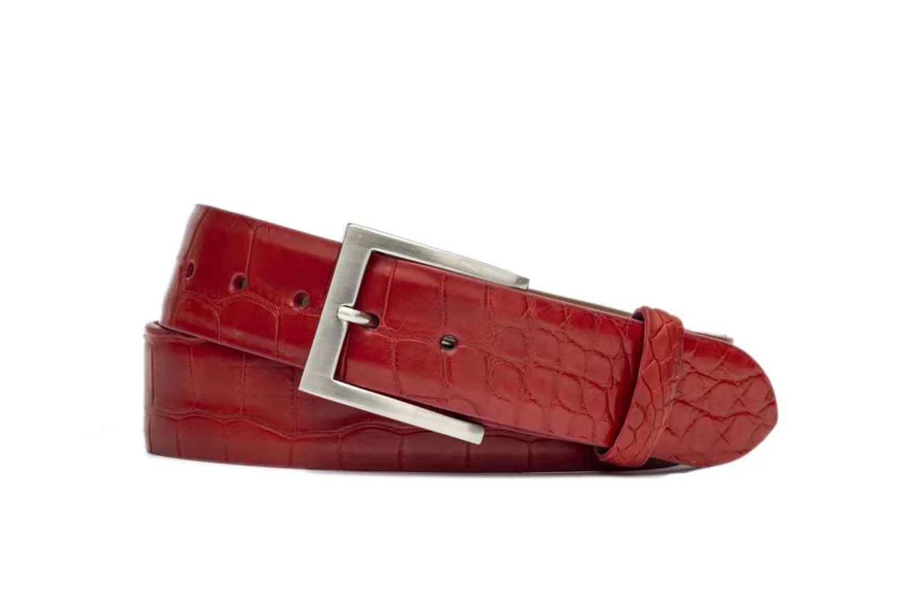 Extra-Long 1-1/8" Matte American Alligator Belt with Brushed Nickel and Gold Buckles