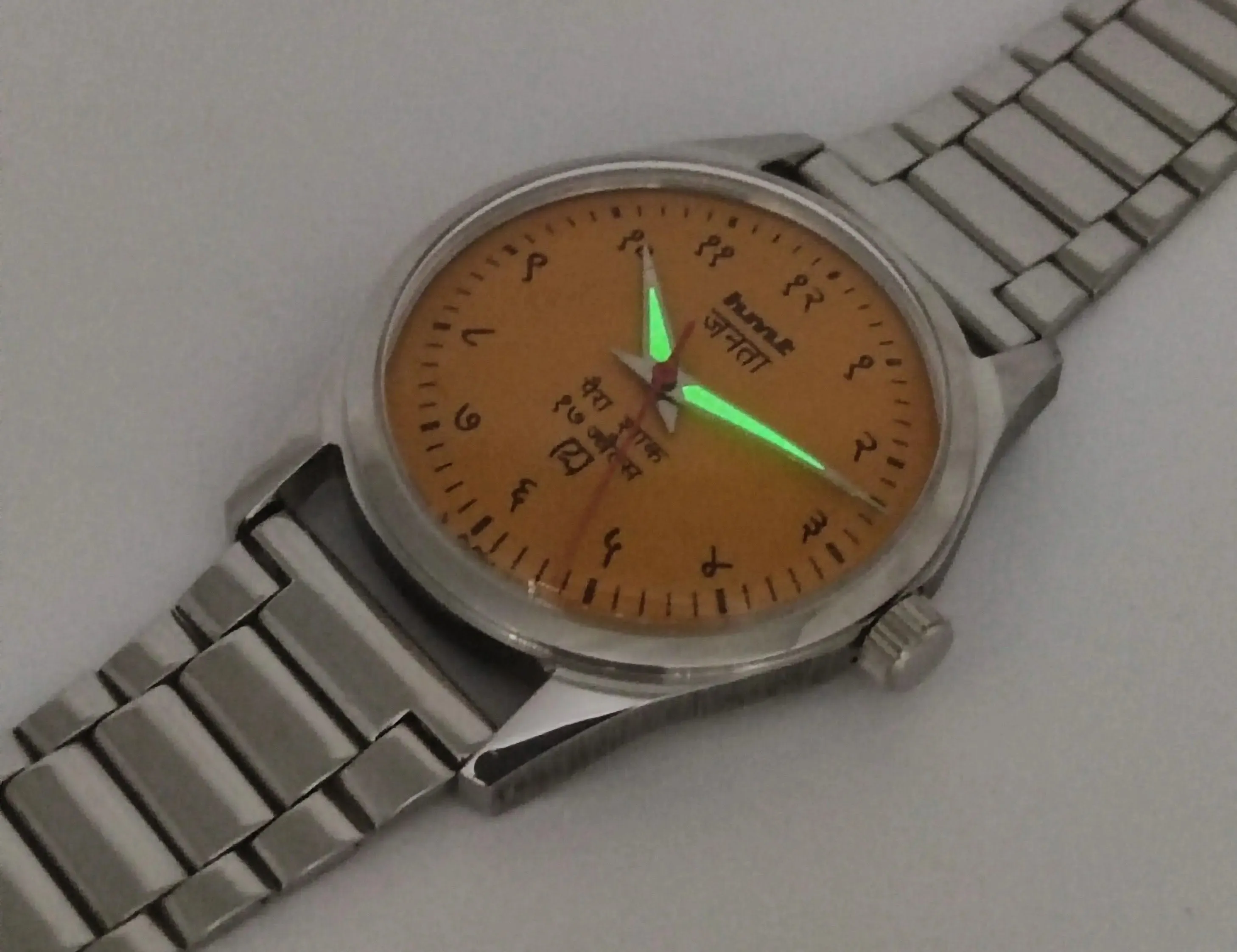 HMT Janata Para Shock 17 Jewels Sun Yellow Devanagari Dial Transparent Back Mechanical Hand winding Men's Wrist Watch