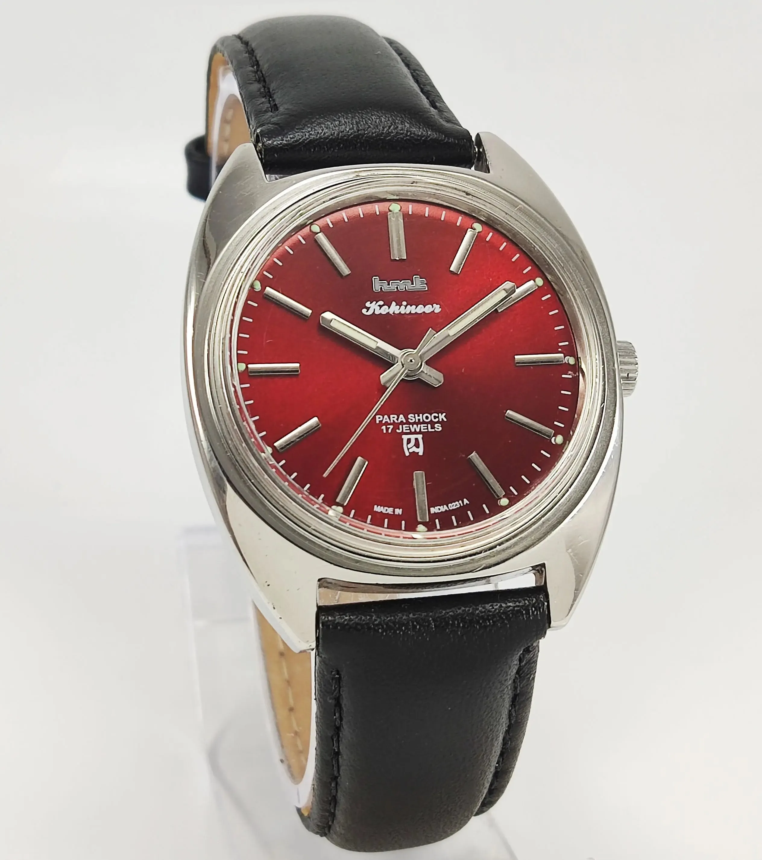 HMT Kohinoor Para Shock 17 Jewels Maroon Red Dial Mechanical Hand winding Men's Wrist Watch