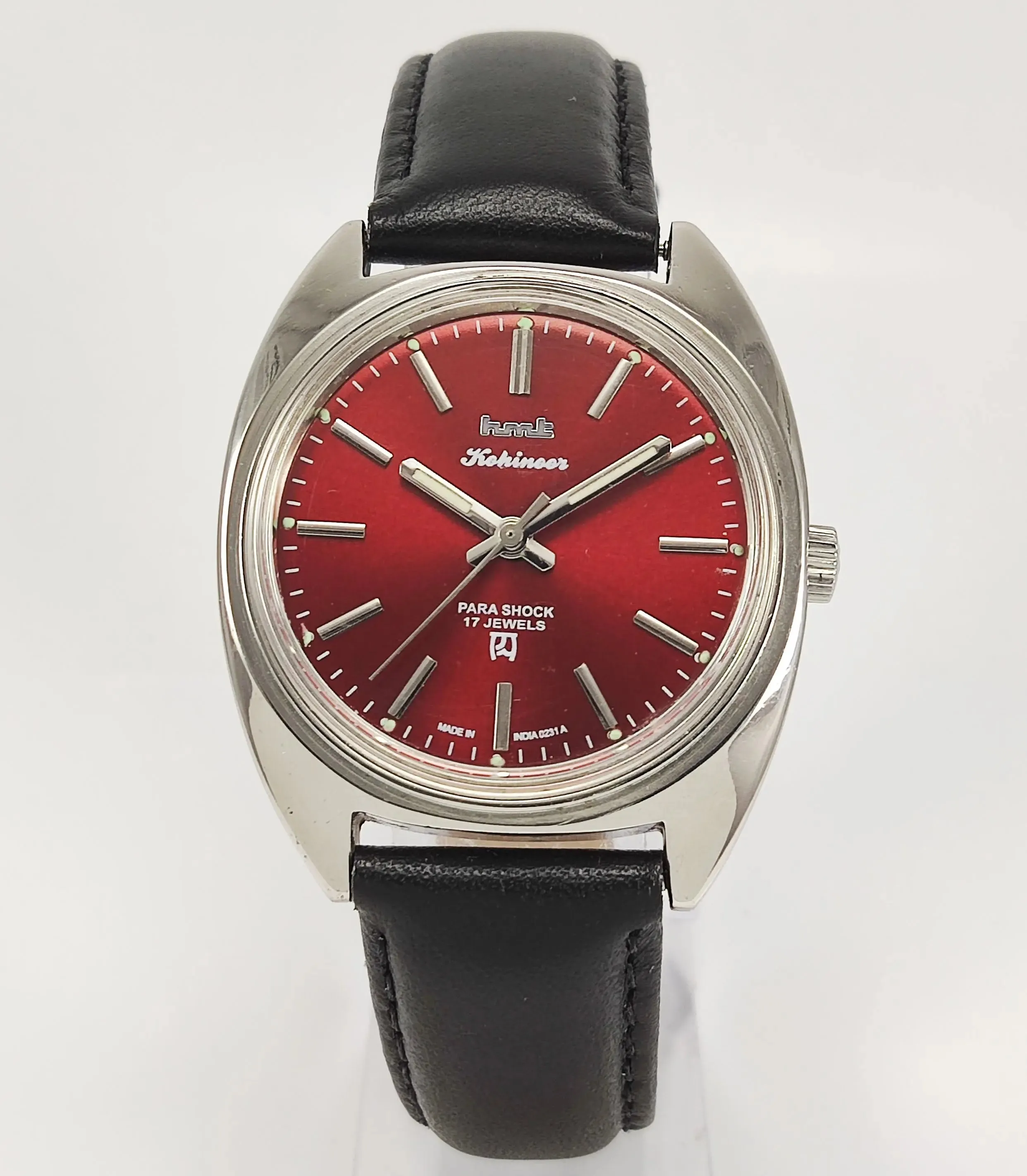 HMT Kohinoor Para Shock 17 Jewels Maroon Red Dial Mechanical Hand winding Men's Wrist Watch