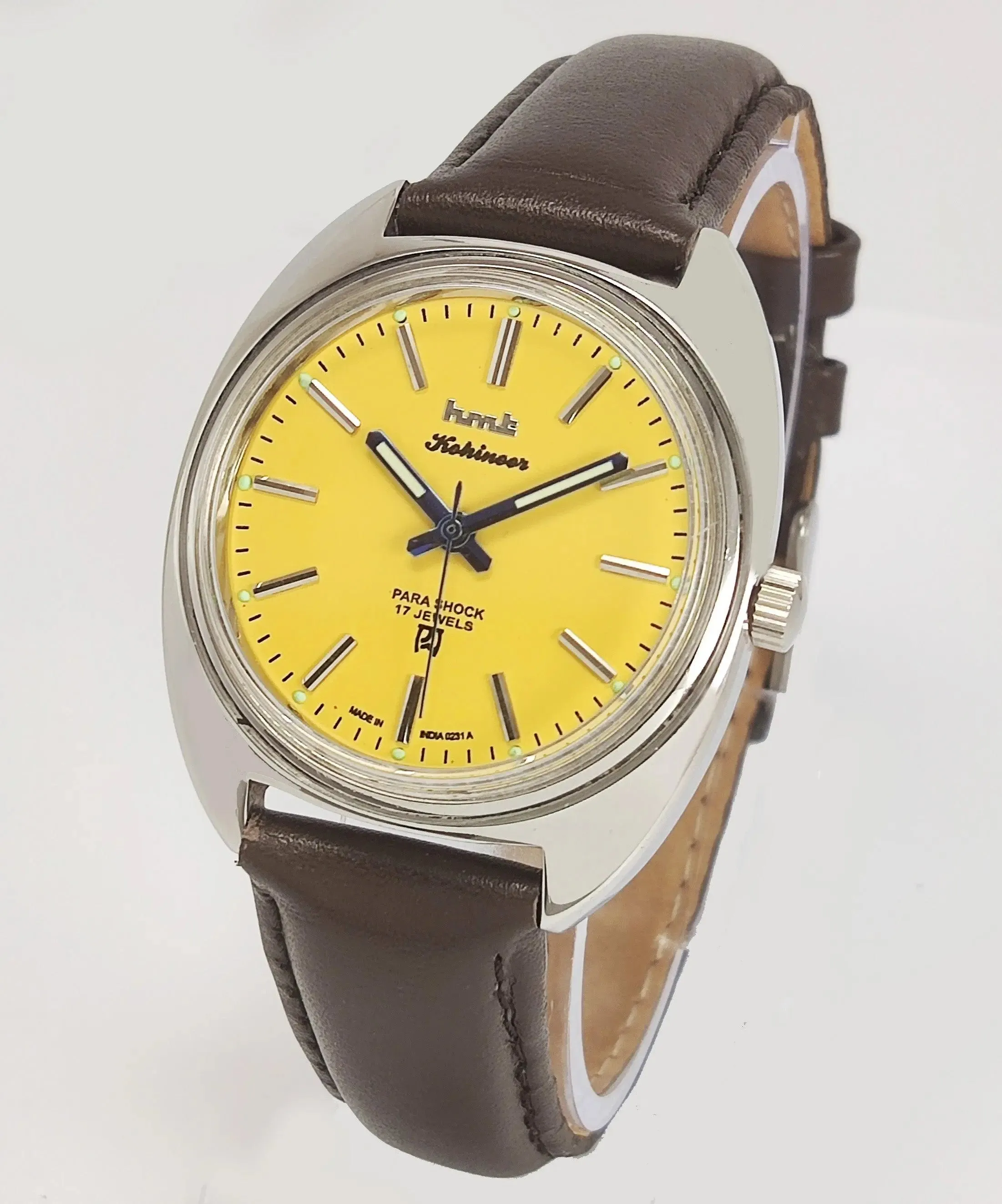 HMT Kohinoor Para Shock 17 Jewels Yellow Dial Transparent Back Mechanical Hand winding Men's Wrist Watch