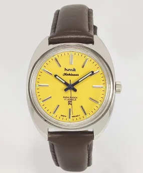HMT Kohinoor Para Shock 17 Jewels Yellow Dial Transparent Back Mechanical Hand winding Men's Wrist Watch