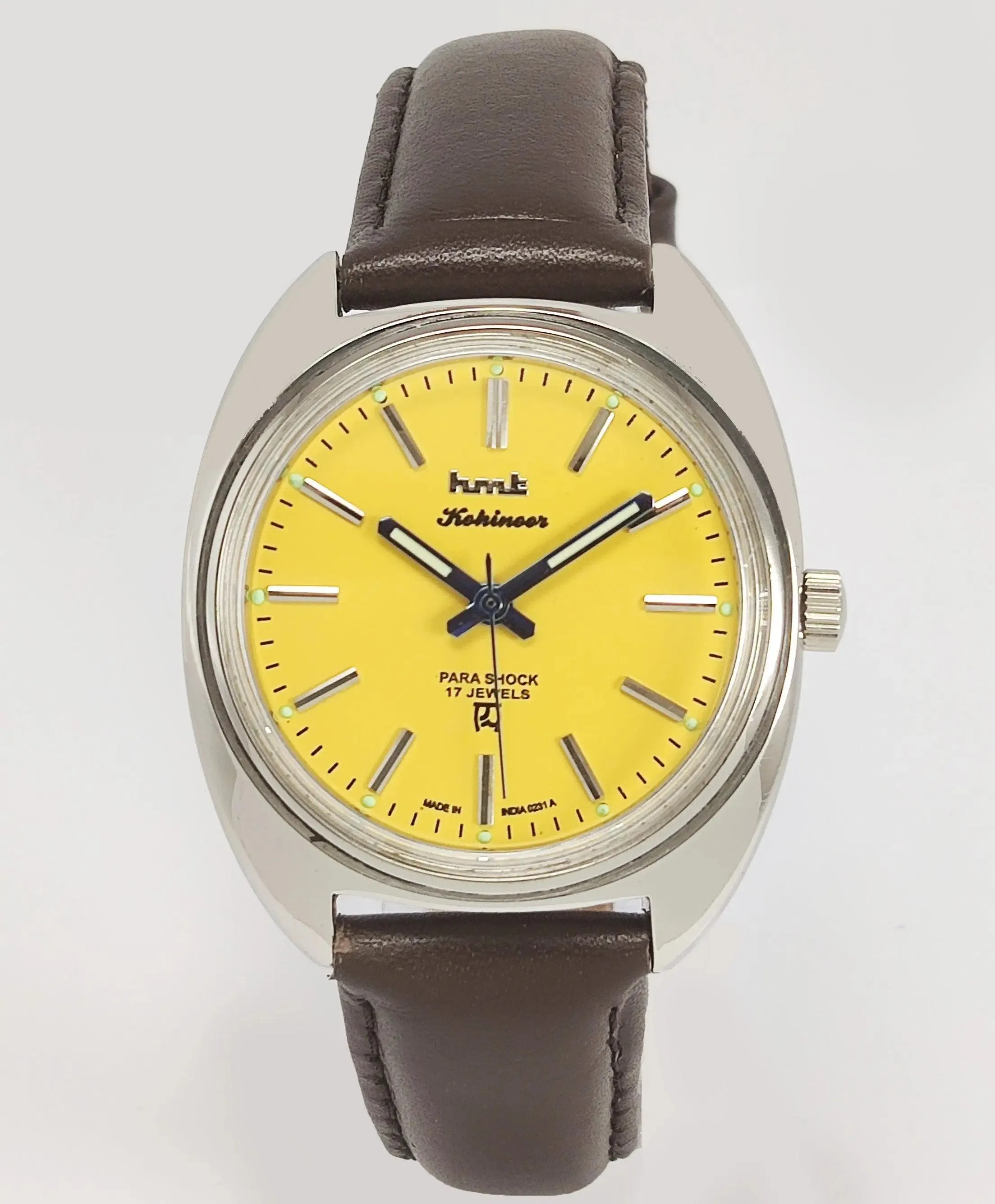 HMT Kohinoor Para Shock 17 Jewels Yellow Dial Transparent Back Mechanical Hand winding Men's Wrist Watch