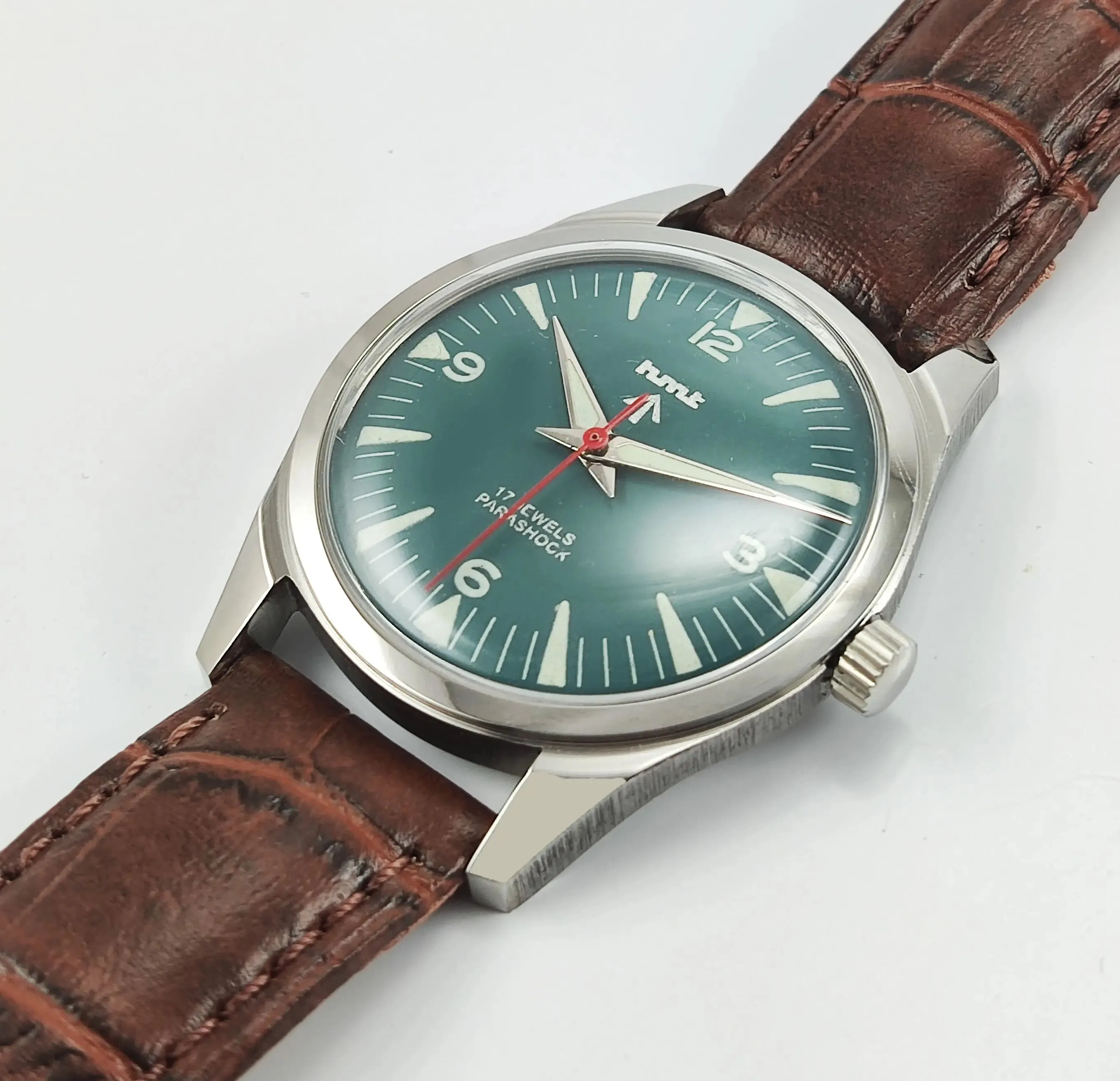 HMT Para Shock 17 Jewels Night Glow Green Dial Transparent Back Mechanical Hand winding Men's Wrist Watch