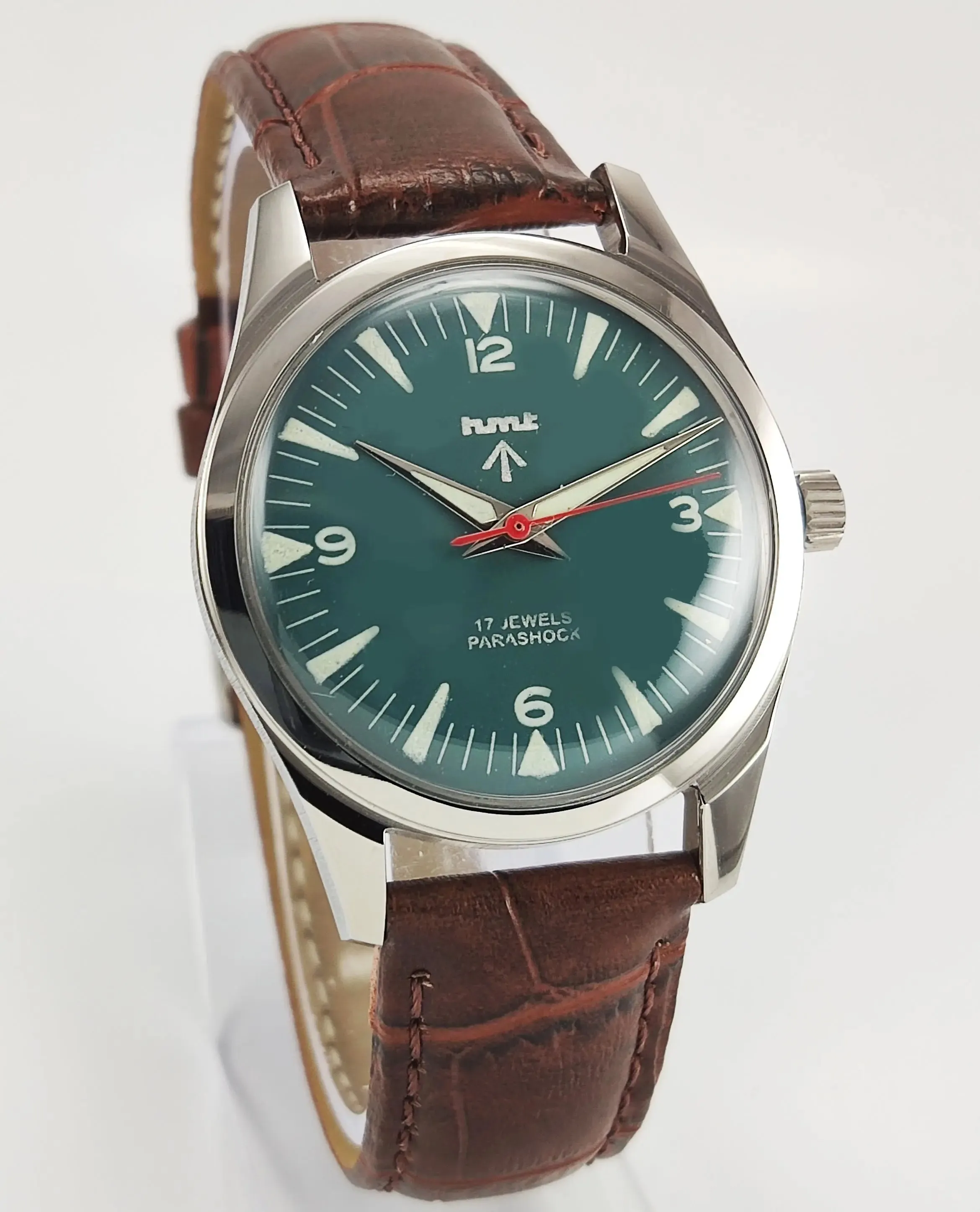 HMT Para Shock 17 Jewels Night Glow Green Dial Transparent Back Mechanical Hand winding Men's Wrist Watch