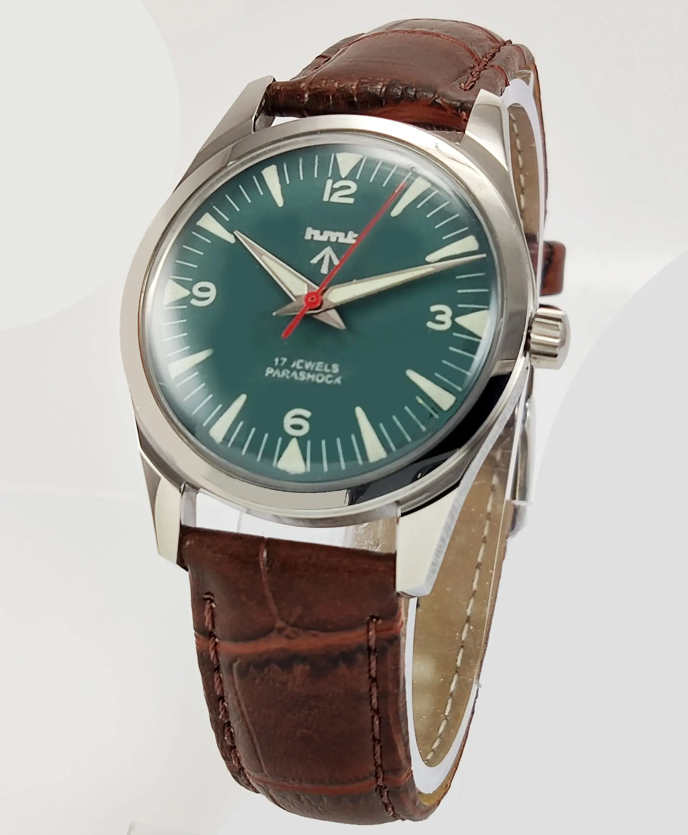 HMT Para Shock 17 Jewels Night Glow Green Dial Transparent Back Mechanical Hand winding Men's Wrist Watch