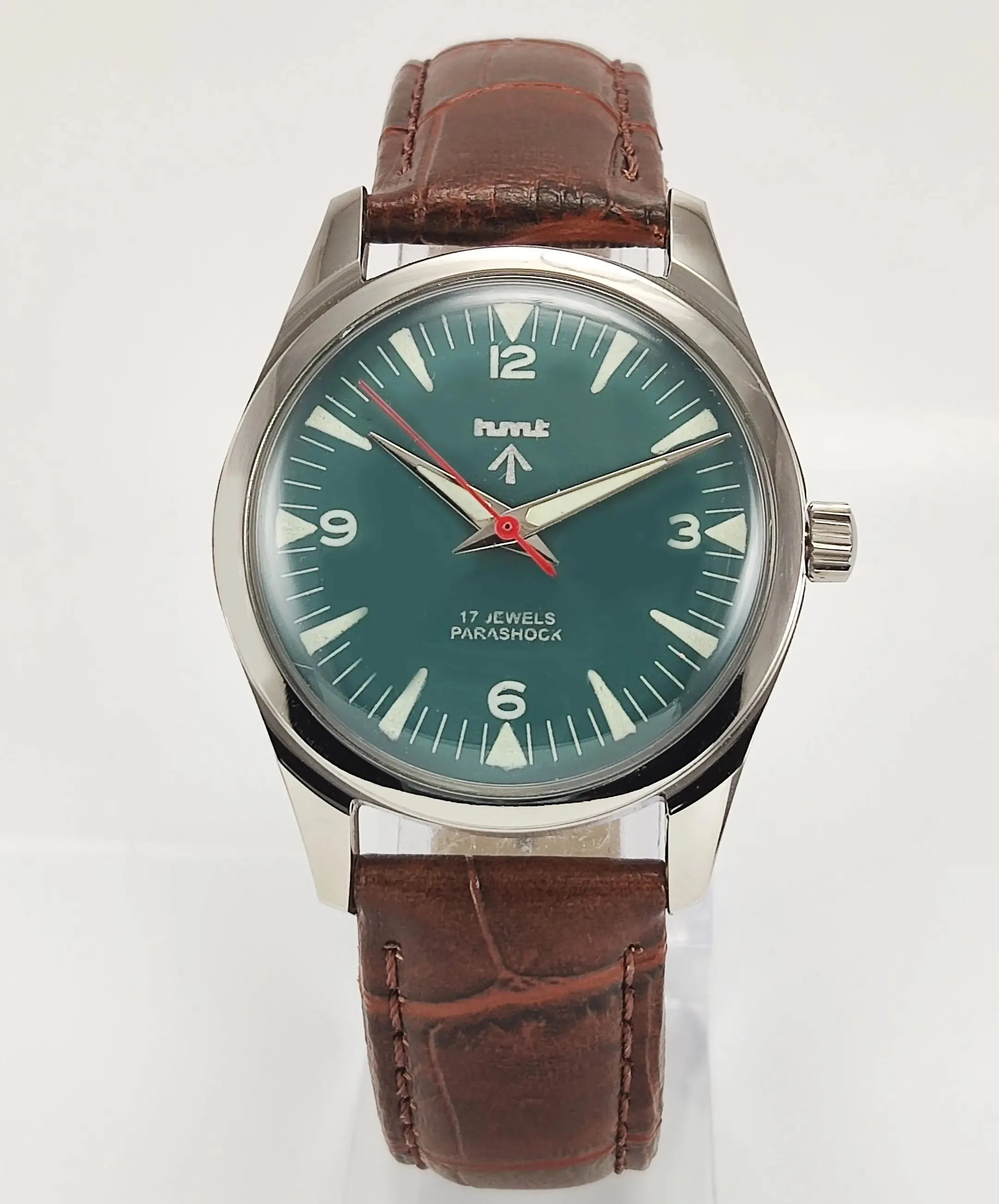 HMT Para Shock 17 Jewels Night Glow Green Dial Transparent Back Mechanical Hand winding Men's Wrist Watch