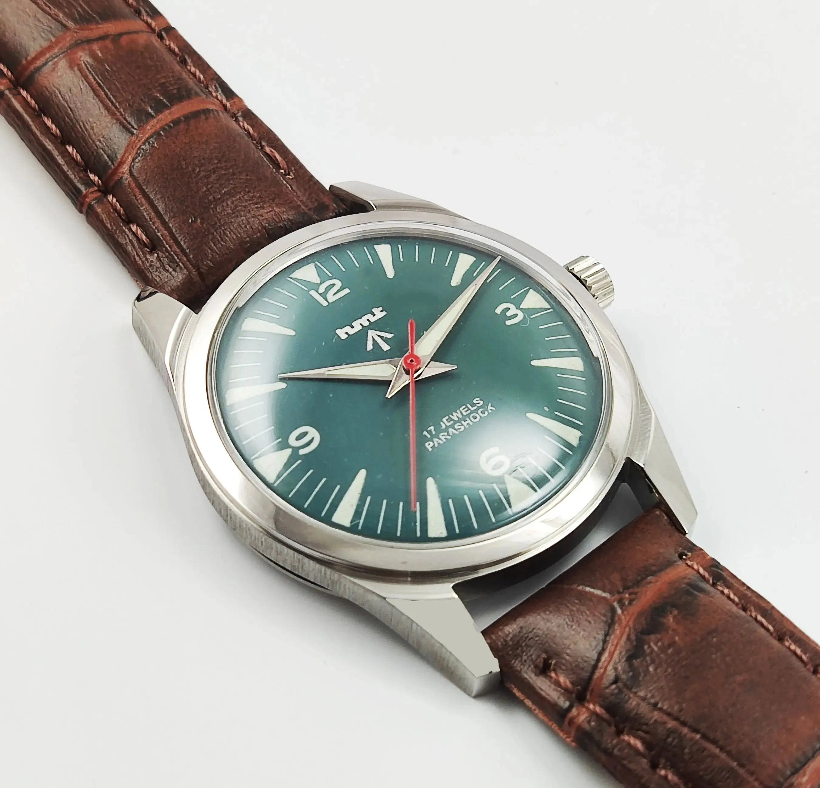 HMT Para Shock 17 Jewels Night Glow Green Dial Transparent Back Mechanical Hand winding Men's Wrist Watch