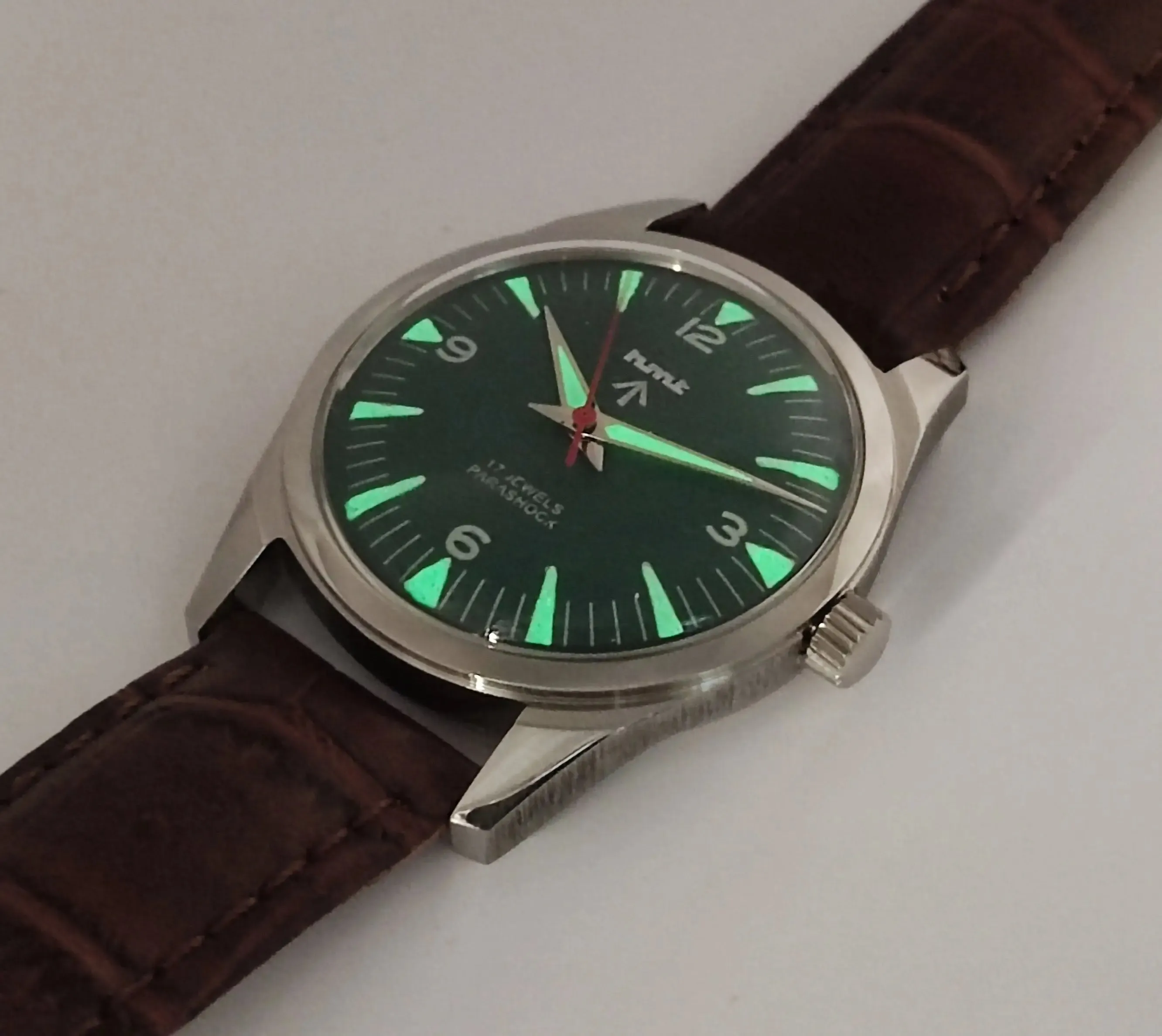 HMT Para Shock 17 Jewels Night Glow Green Dial Transparent Back Mechanical Hand winding Men's Wrist Watch