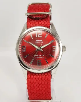 HMT Pilot Para Shock 17 Jewels Maroon Red Dial Mechanical Hand winding Men's Wrist Watch