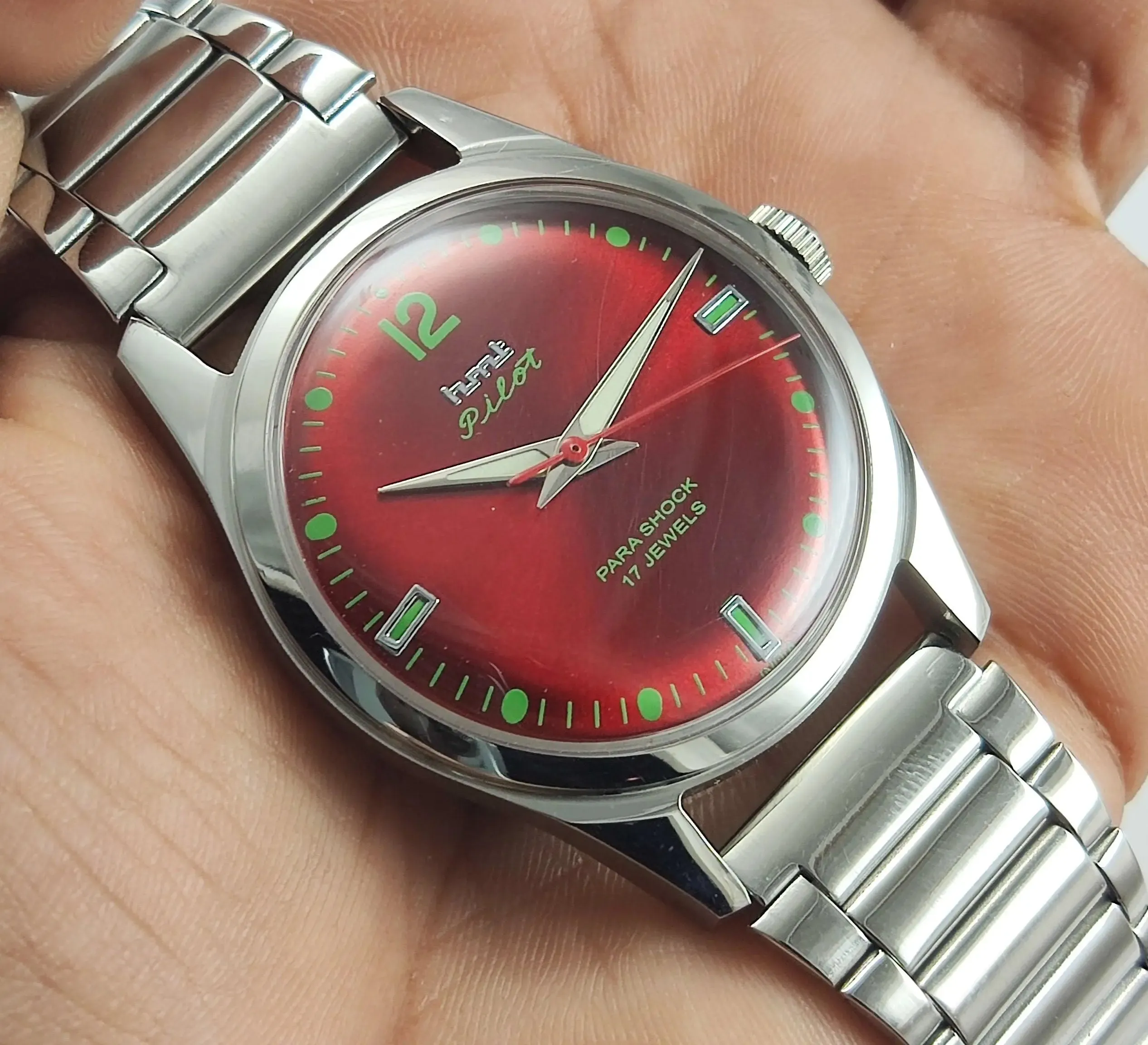 HMT Pilot Para Shock 17 Jewels Maroon Red Dial Radium Hands Transparent Back Mechanical Hand winding Men's Wrist Watch