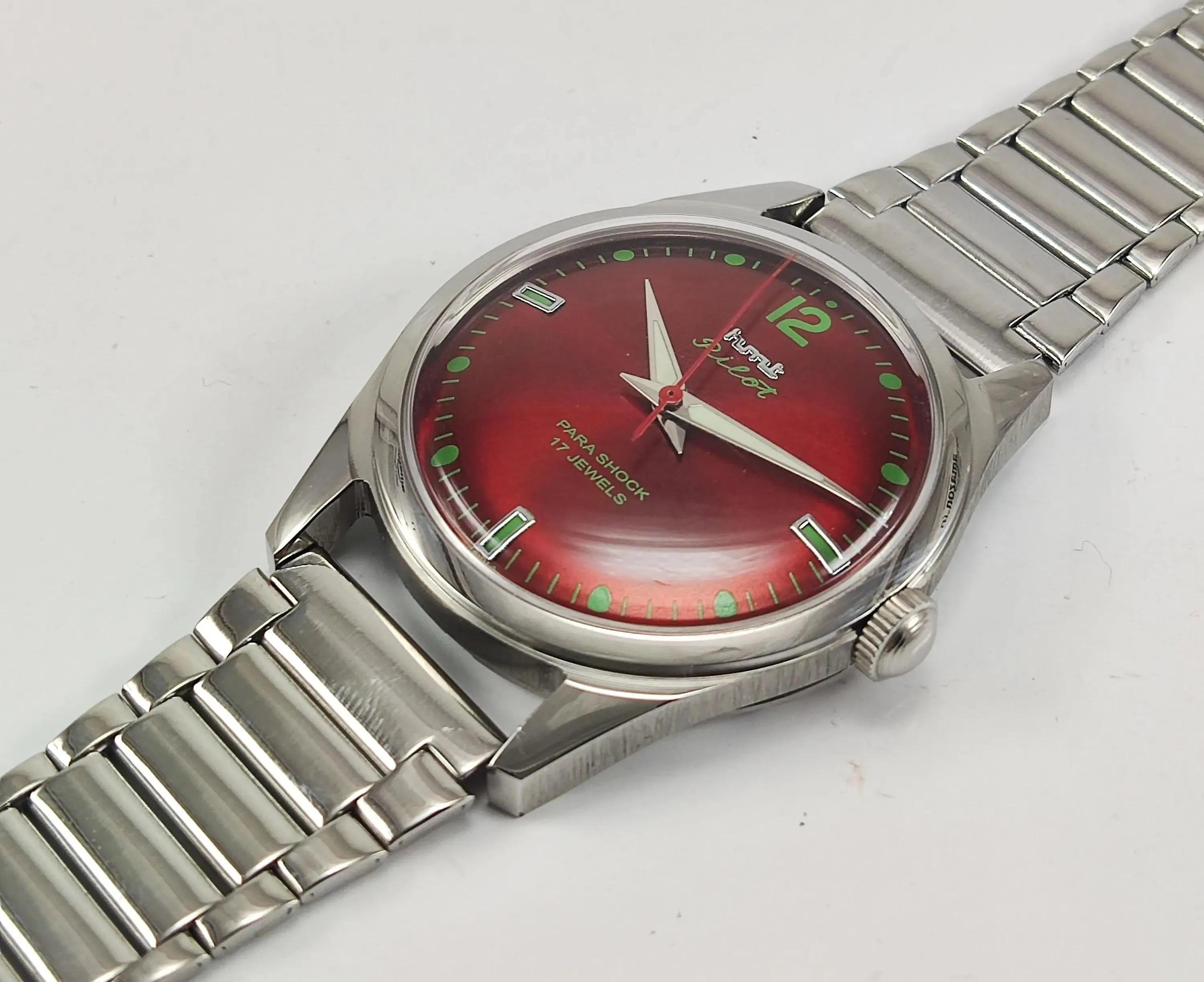 HMT Pilot Para Shock 17 Jewels Maroon Red Dial Radium Hands Transparent Back Mechanical Hand winding Men's Wrist Watch