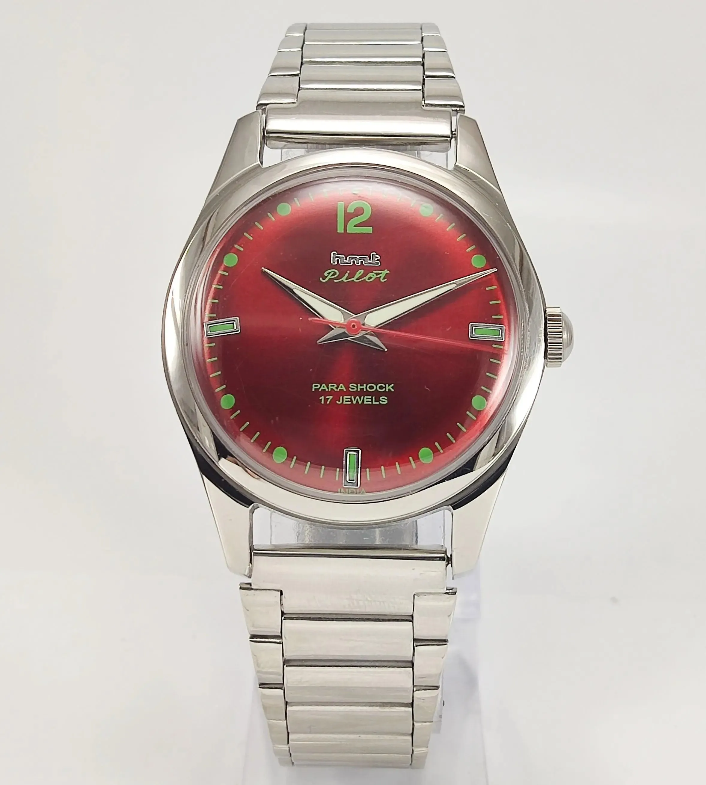 HMT Pilot Para Shock 17 Jewels Maroon Red Dial Radium Hands Transparent Back Mechanical Hand winding Men's Wrist Watch