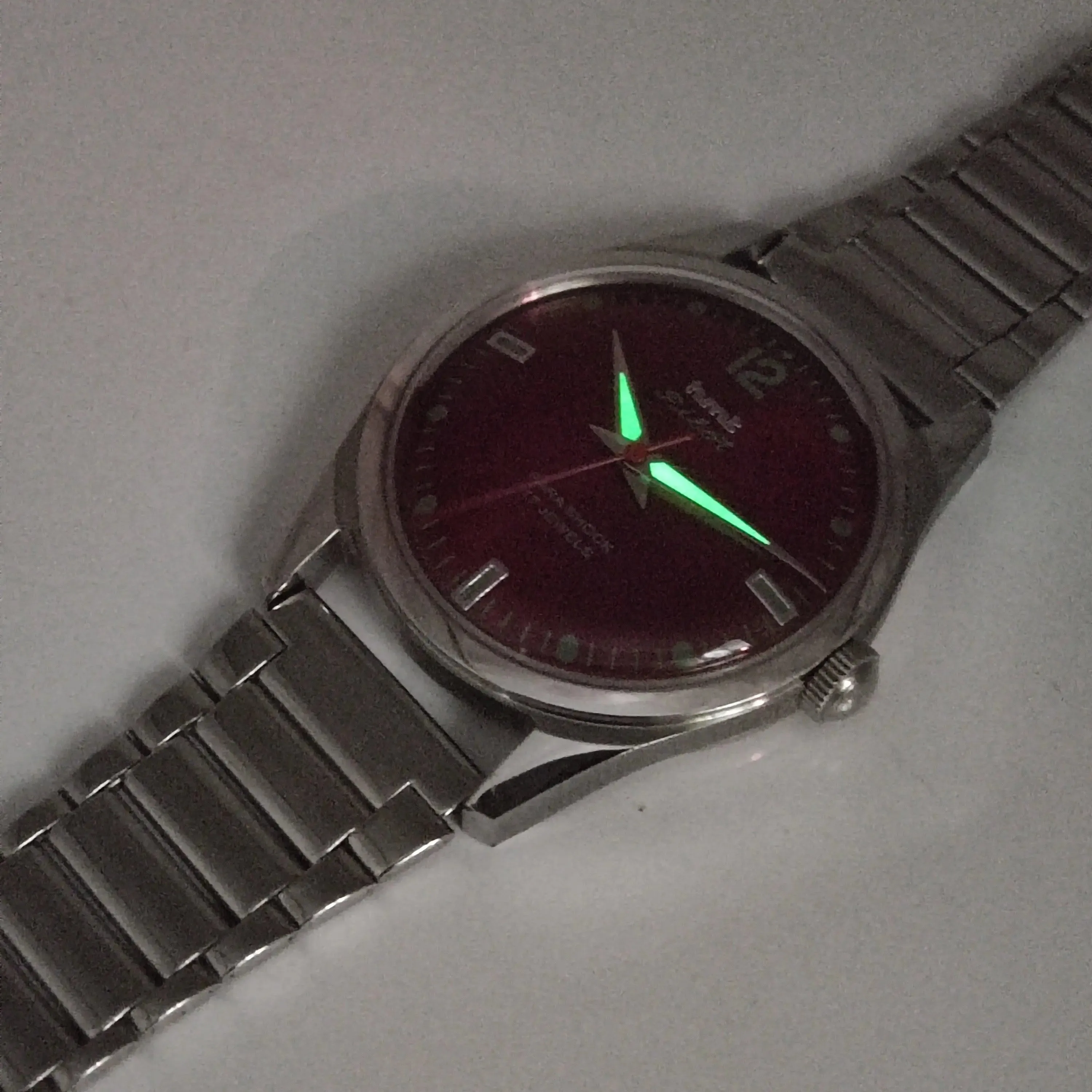 HMT Pilot Para Shock 17 Jewels Maroon Red Dial Radium Hands Transparent Back Mechanical Hand winding Men's Wrist Watch