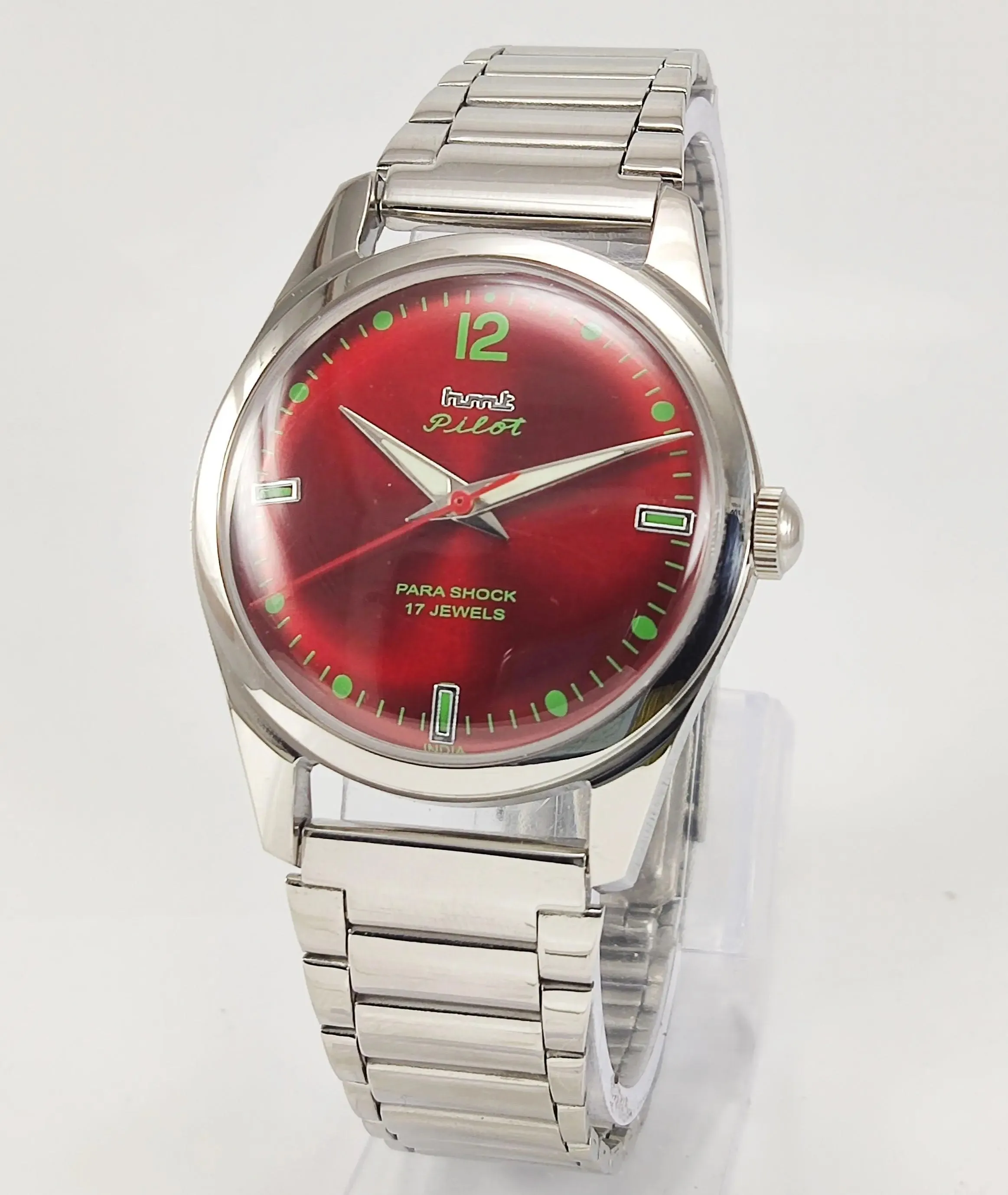 HMT Pilot Para Shock 17 Jewels Maroon Red Dial Radium Hands Transparent Back Mechanical Hand winding Men's Wrist Watch