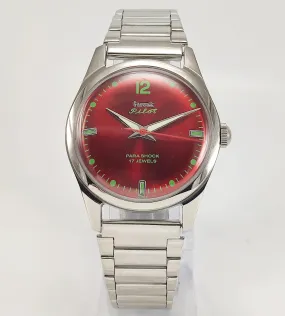 HMT Pilot Para Shock 17 Jewels Maroon Red Dial Radium Hands Transparent Back Mechanical Hand winding Men's Wrist Watch