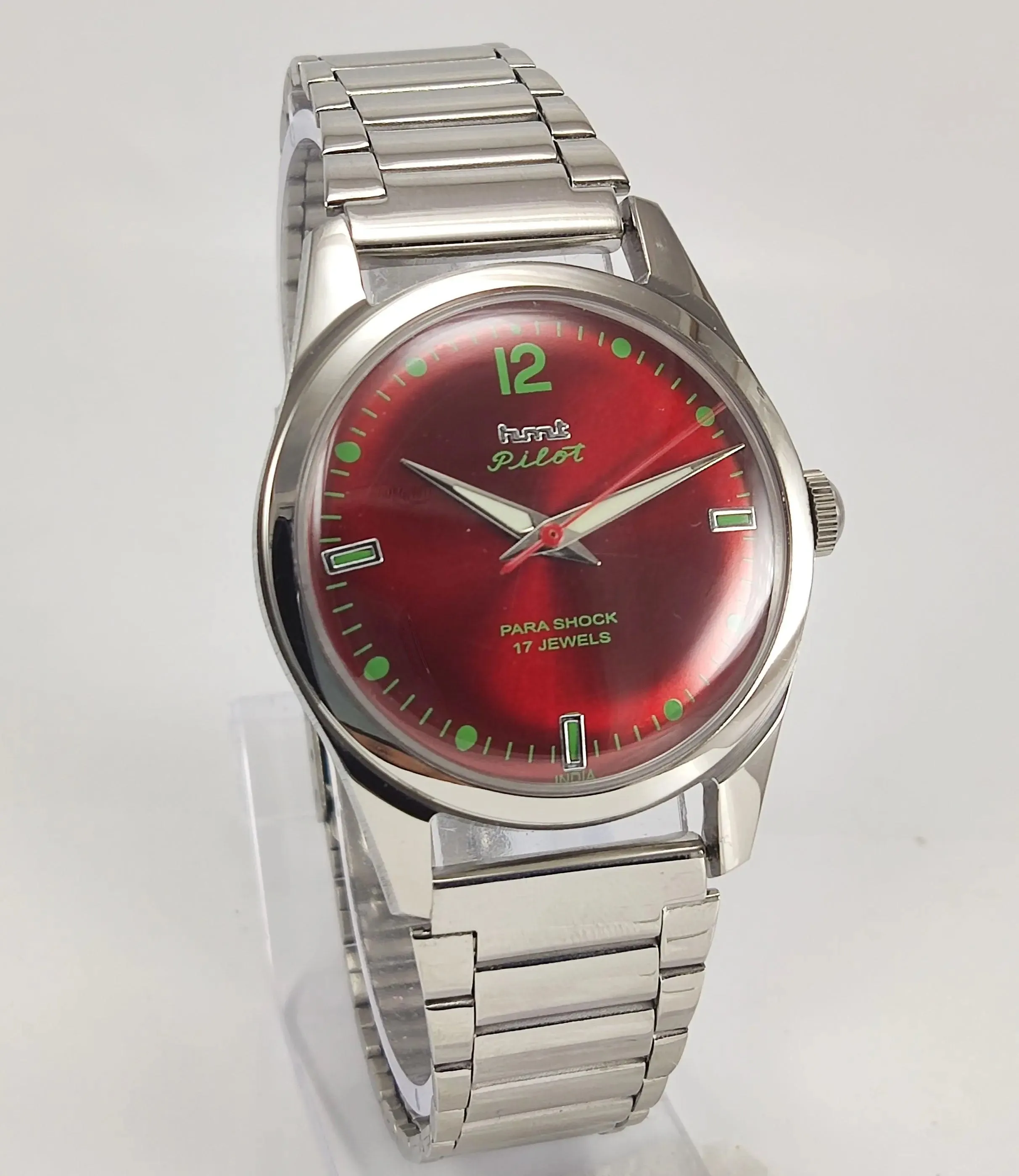 HMT Pilot Para Shock 17 Jewels Maroon Red Dial Radium Hands Transparent Back Mechanical Hand winding Men's Wrist Watch
