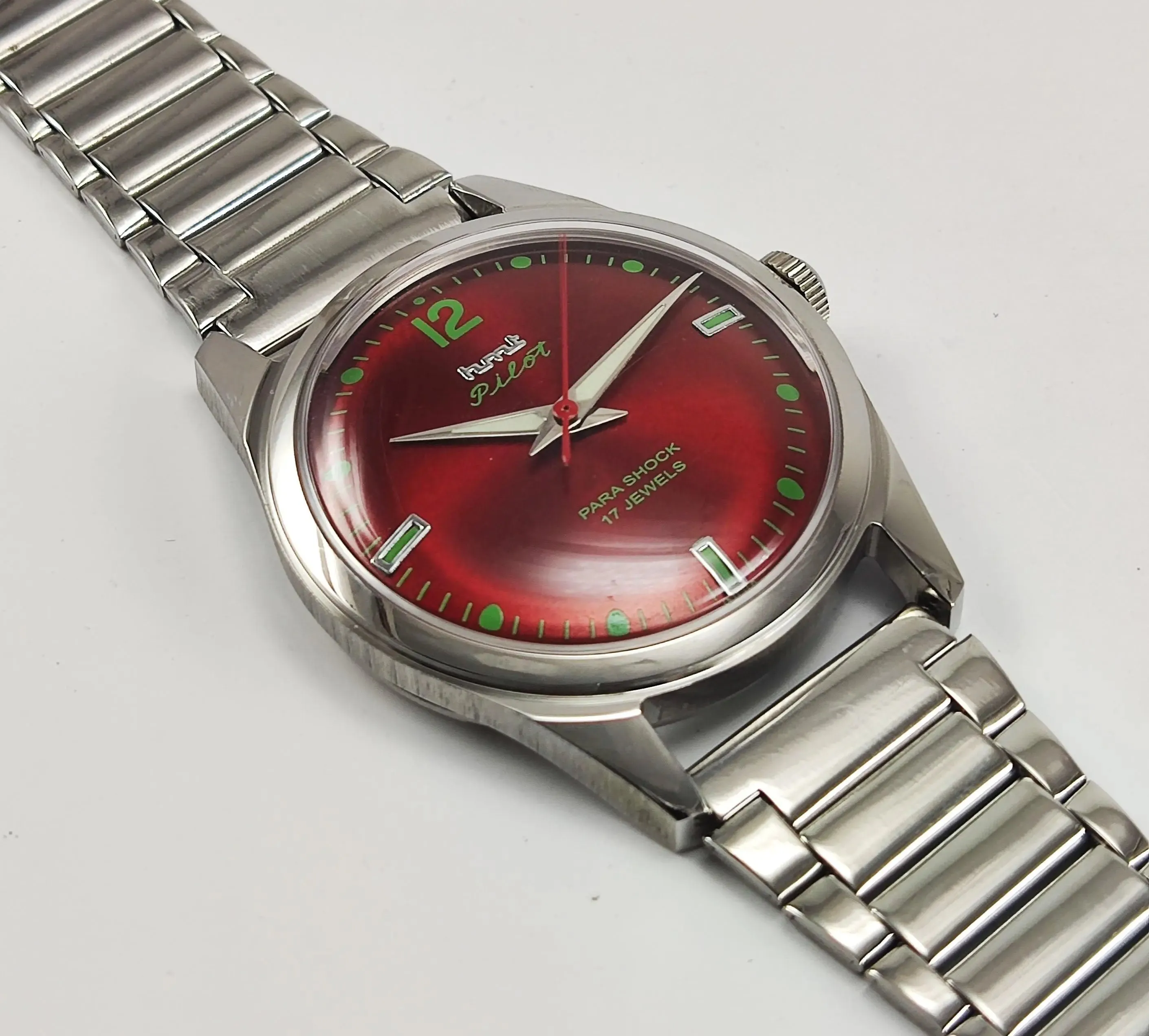 HMT Pilot Para Shock 17 Jewels Maroon Red Dial Radium Hands Transparent Back Mechanical Hand winding Men's Wrist Watch