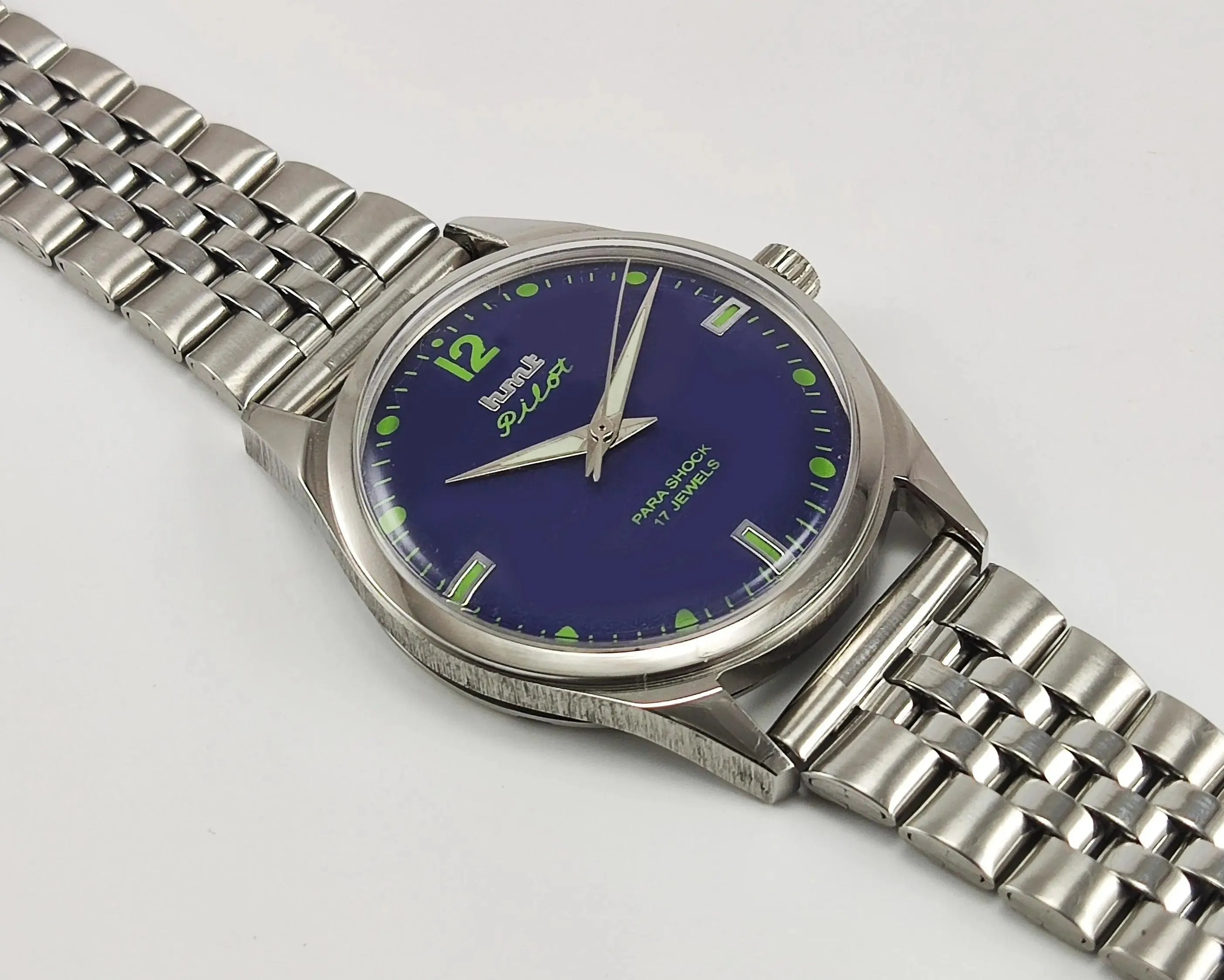 HMT Pilot Para Shock 17 Jewels Navy Blue Dial Radium Hands Transparent Back Mechanical Hand winding Men's Wrist Watch