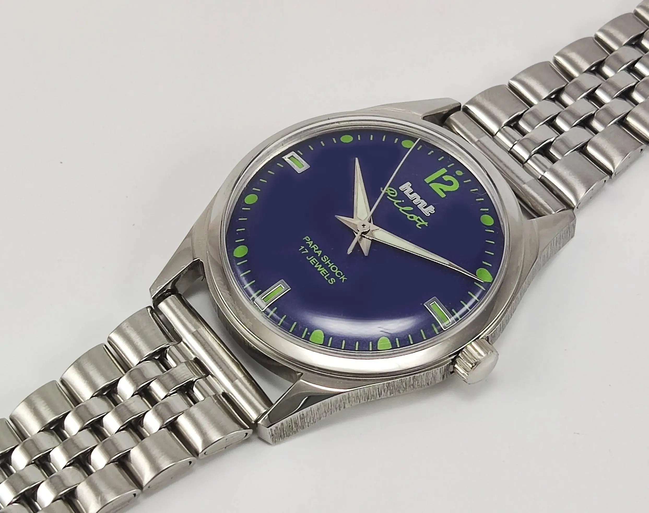 HMT Pilot Para Shock 17 Jewels Navy Blue Dial Radium Hands Transparent Back Mechanical Hand winding Men's Wrist Watch