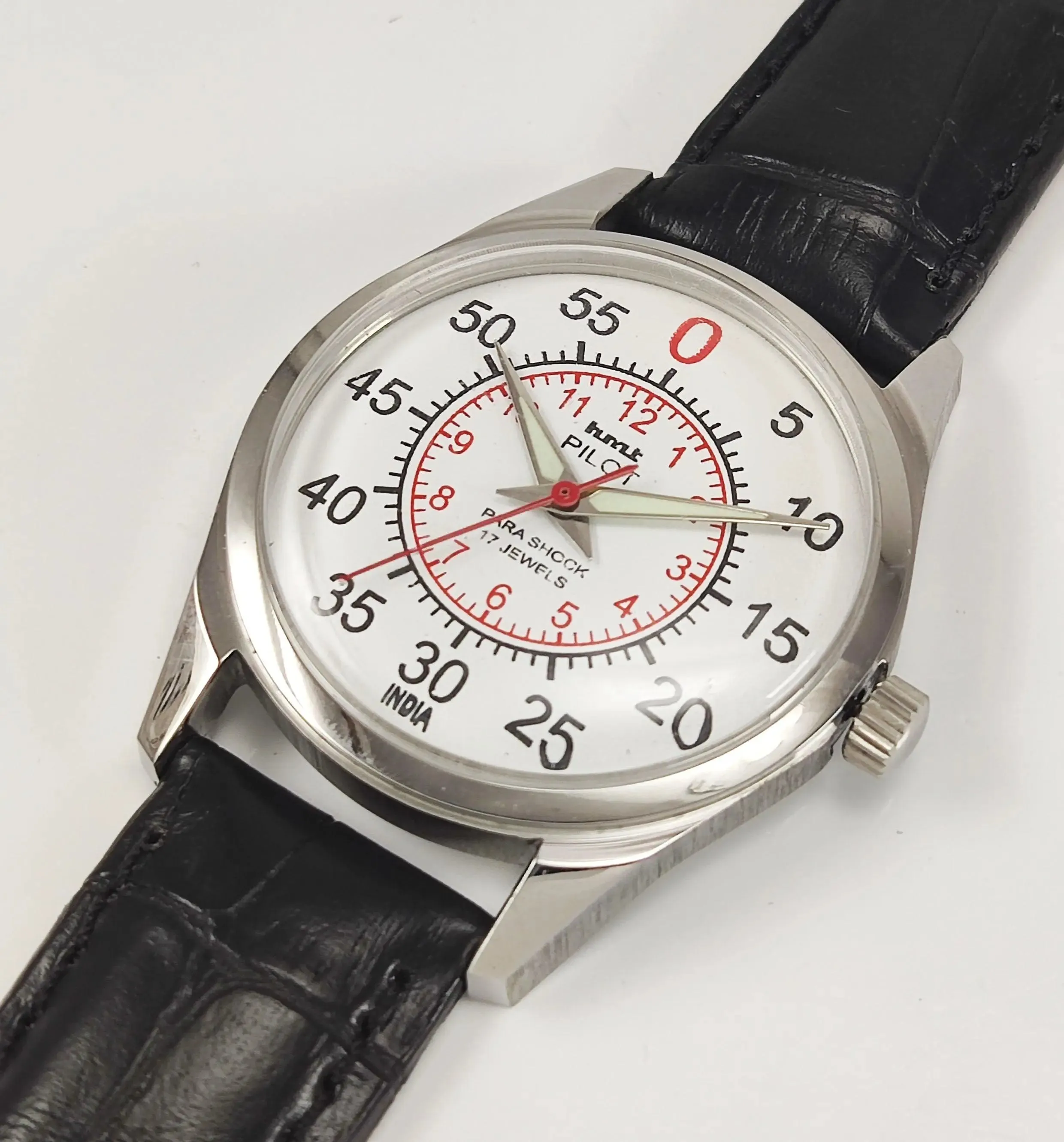 HMT Pilot Para Shock 17 Jewels Radium Hands White Dial Transparent Back Mechanical Hand winding Men's Wrist Watch
