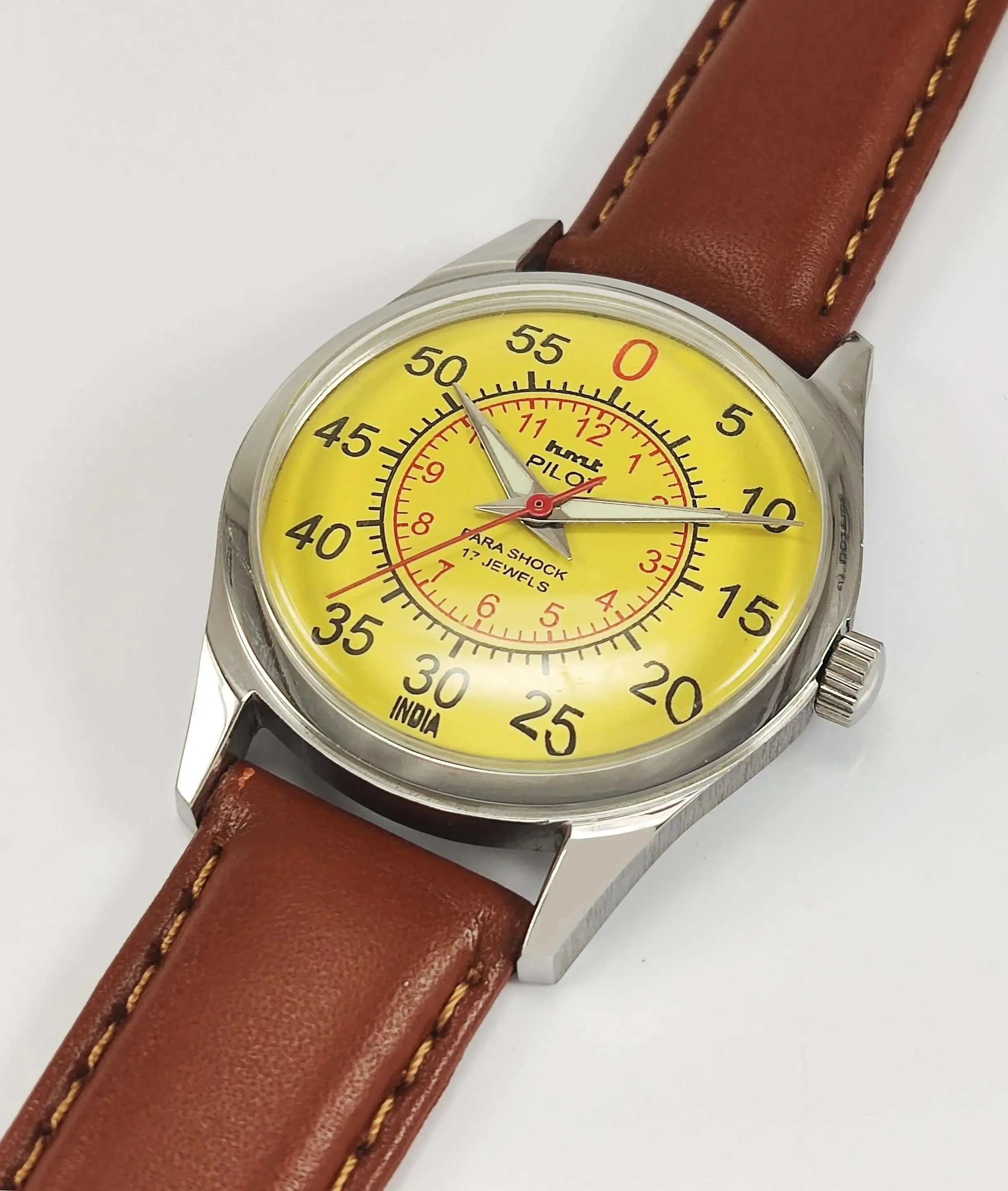 HMT Pilot Para Shock 17 Jewels Radium Hands Yellow Dial Transparent Back Mechanical Hand winding Men's Wrist Watch