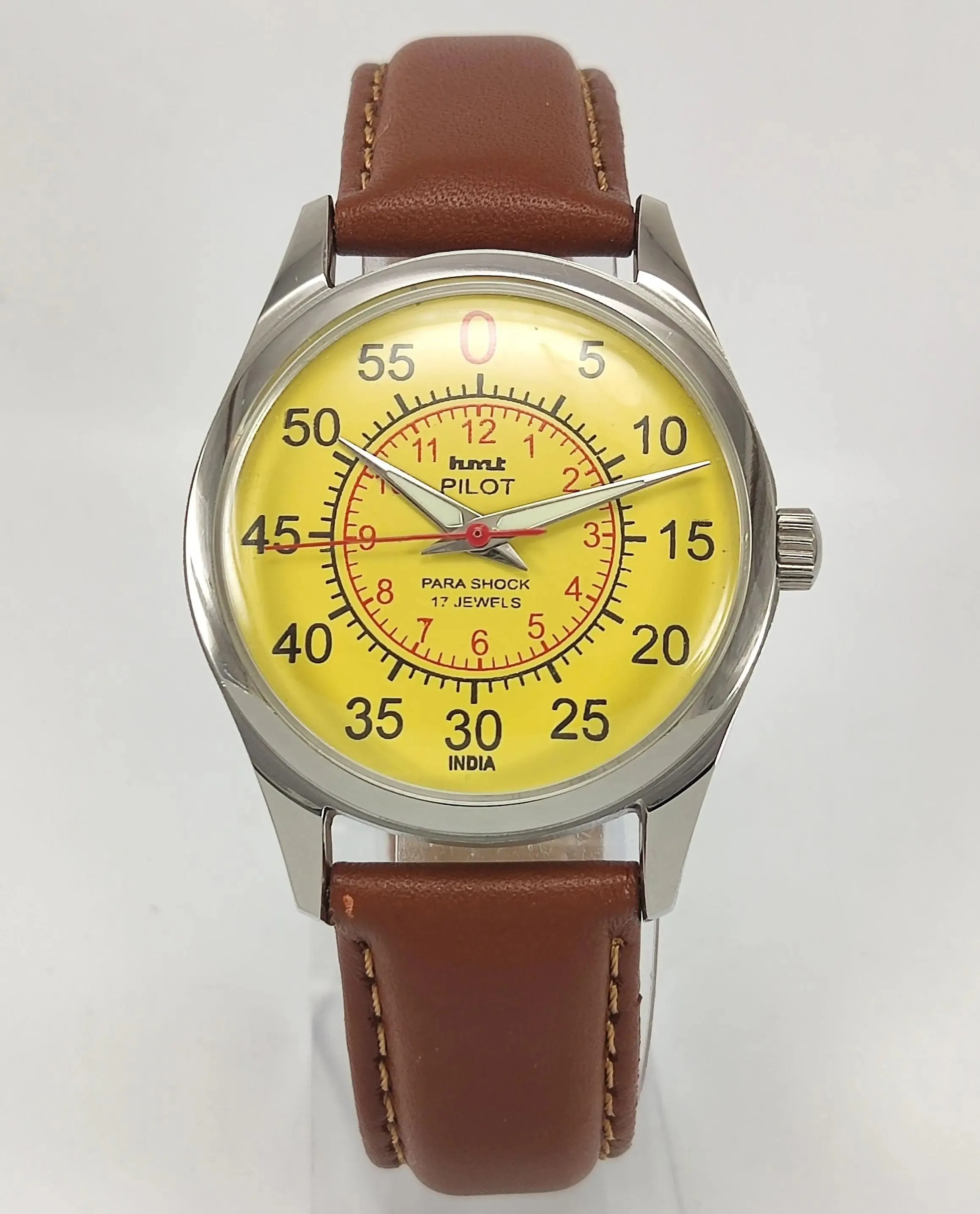 HMT Pilot Para Shock 17 Jewels Radium Hands Yellow Dial Transparent Back Mechanical Hand winding Men's Wrist Watch