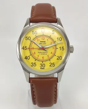HMT Pilot Para Shock 17 Jewels Radium Hands Yellow Dial Transparent Back Mechanical Hand winding Men's Wrist Watch