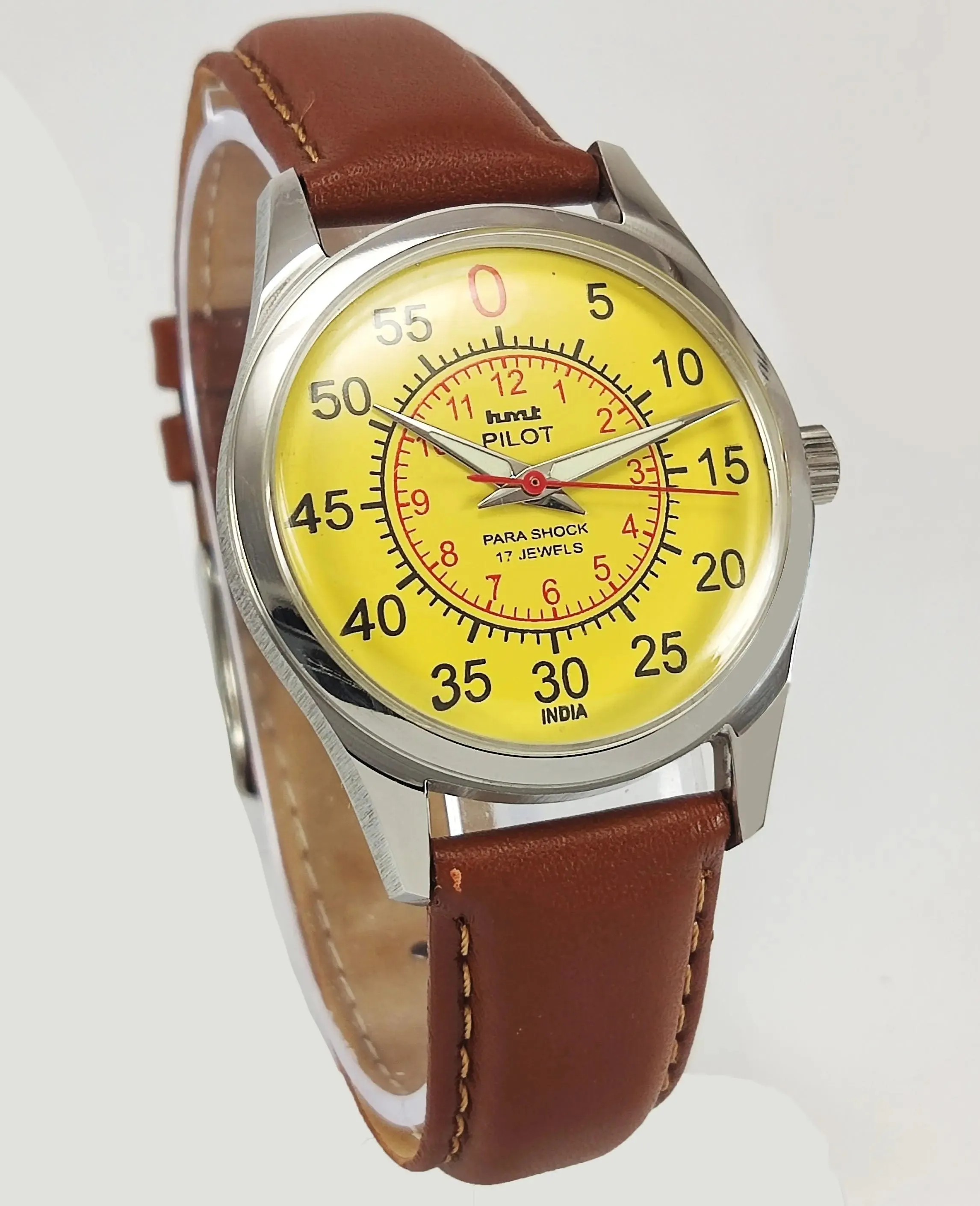 HMT Pilot Para Shock 17 Jewels Radium Hands Yellow Dial Transparent Back Mechanical Hand winding Men's Wrist Watch